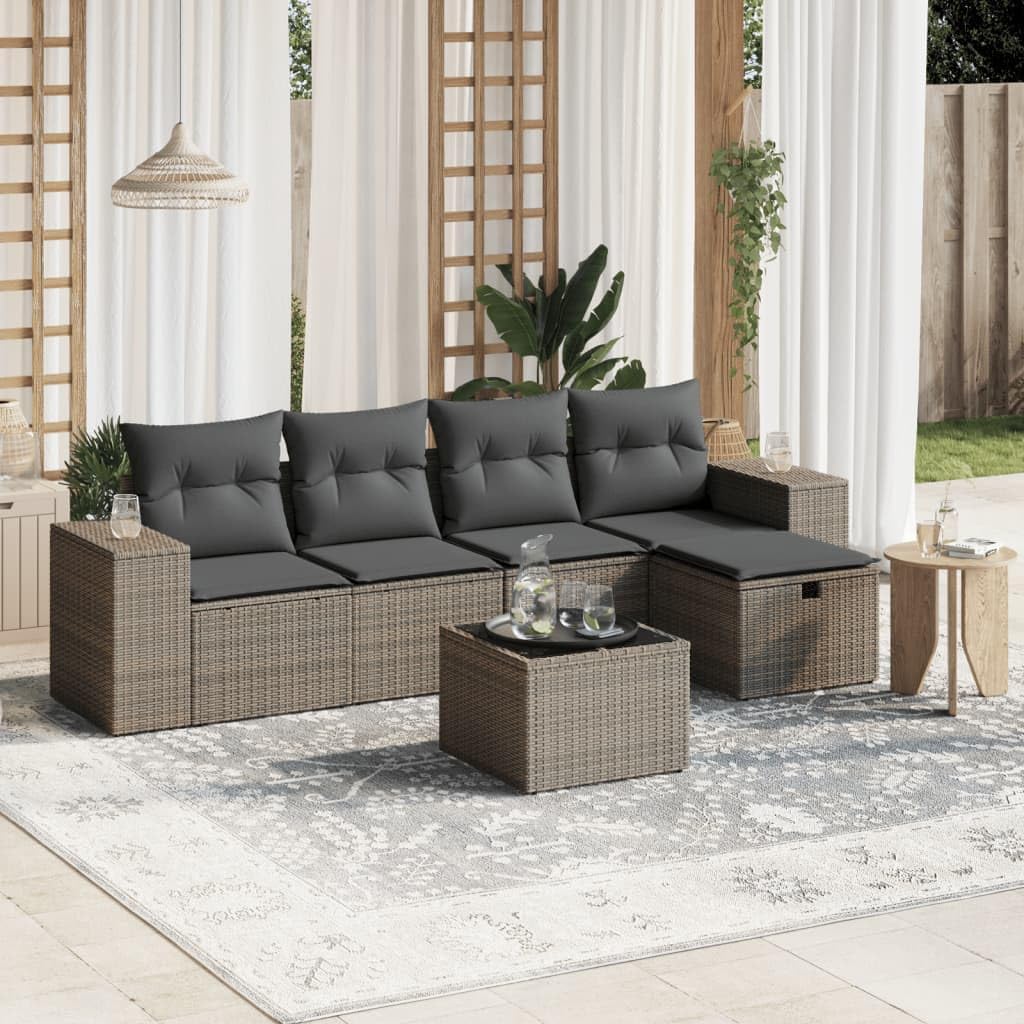 6 Piece Gray Poly Rattan Patio Sofa Set, Modular Outdoor Furniture with Cushions, Tempered Glass Table, UV-Proof for Backyard, Balcony