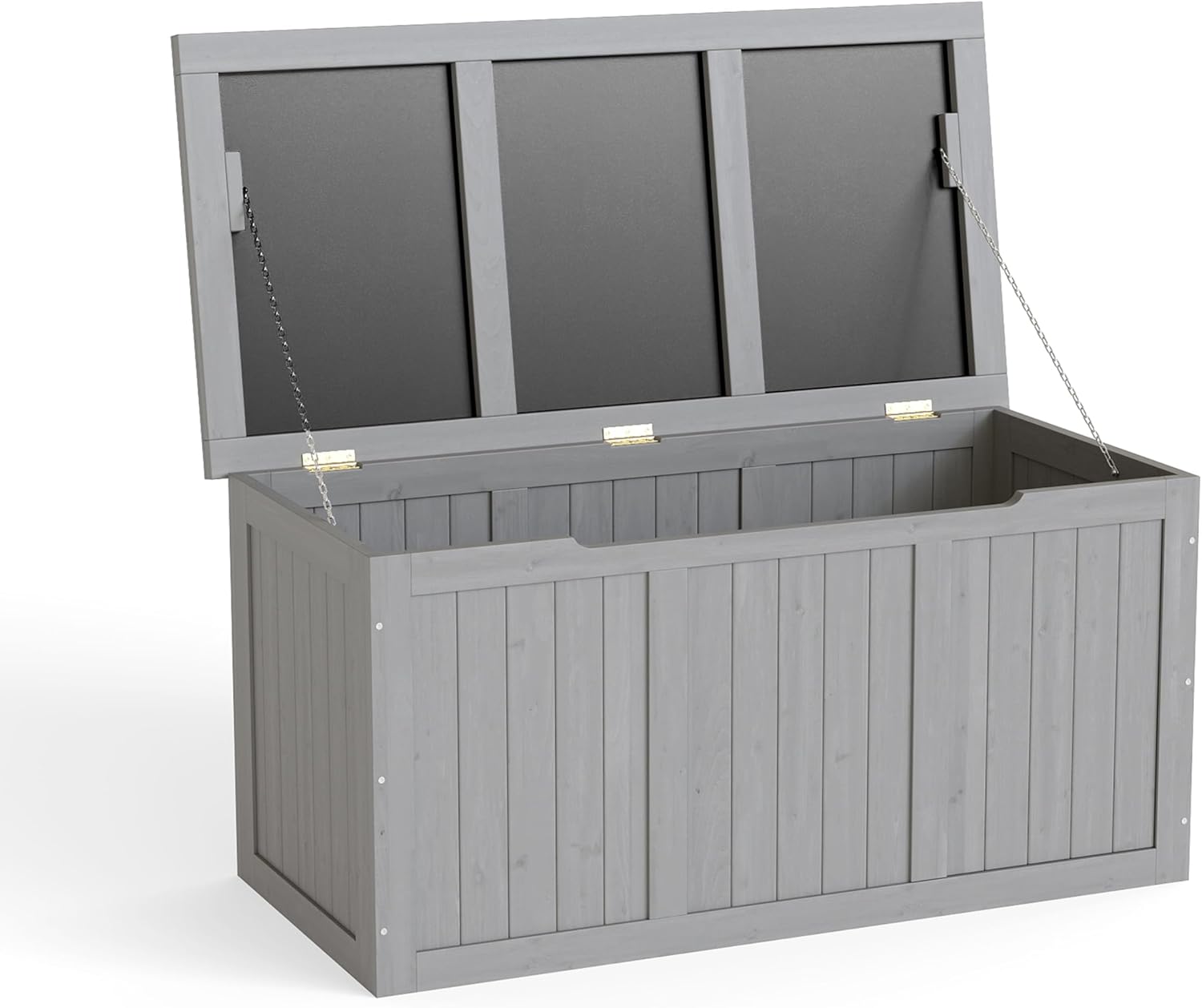 67-Gallon Outdoor Wooden Deck Box – Solid Wood Storage Box Seat & Table Top, Weather-Resistant for Patio Furniture Cushions, Pool Toys & Garden Tools (Grey)