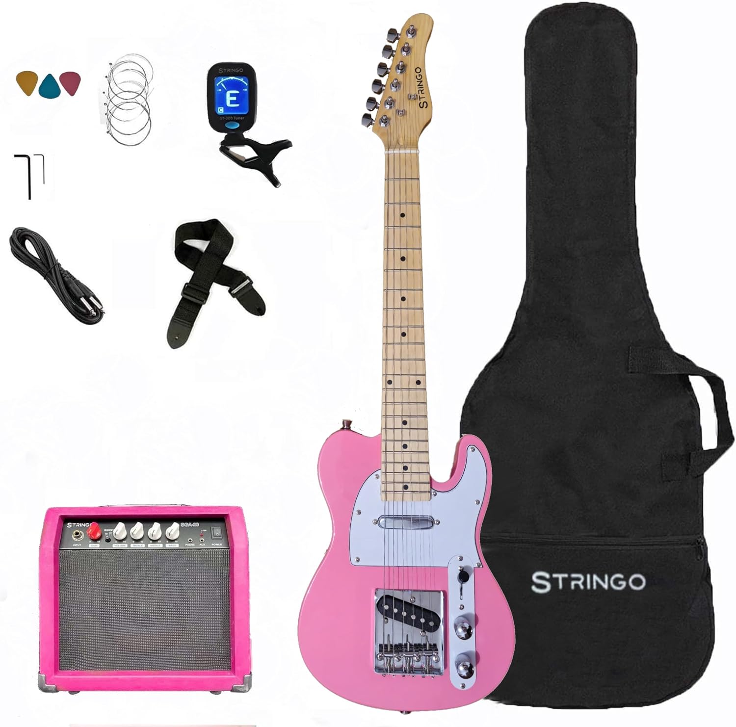 Pink 30 Inch Kids Electric Guitar Beginner Kit, Tele Style,Set Includes, 20W Amplifier 3 Picks, Shoulder Strap, Tuner, Bag Case