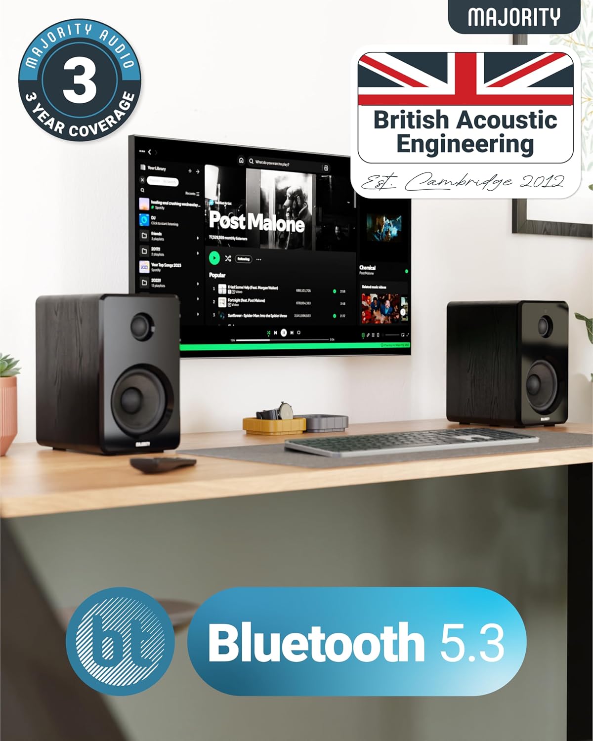Majority D40 Active Bookshelf Speakers | Powered Stereo Studio Speakers | Powerful Amplified 2.0 Channel Sound | Bluetooth, Optical, RCA, USB & Aux Playback | Digital Controls | HiFi Speakers