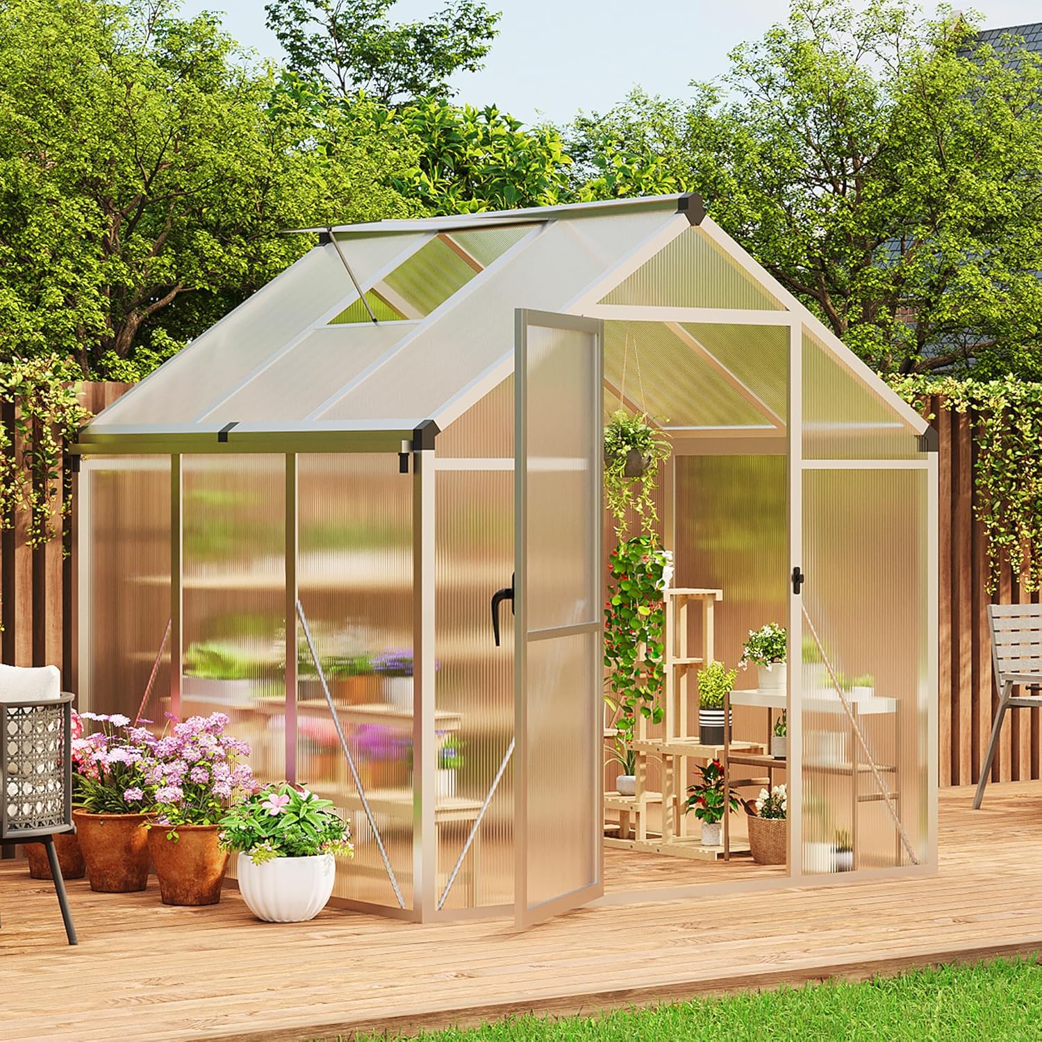 6×6 FT Greenhouse, Large Walk in Greenhouses for Outdoors and Garden Planting, Polycarbonate Greenhouse with Enhanced Aluminum Frame, Green Houses with Quick Setup Structure and Roof Vent, Silver