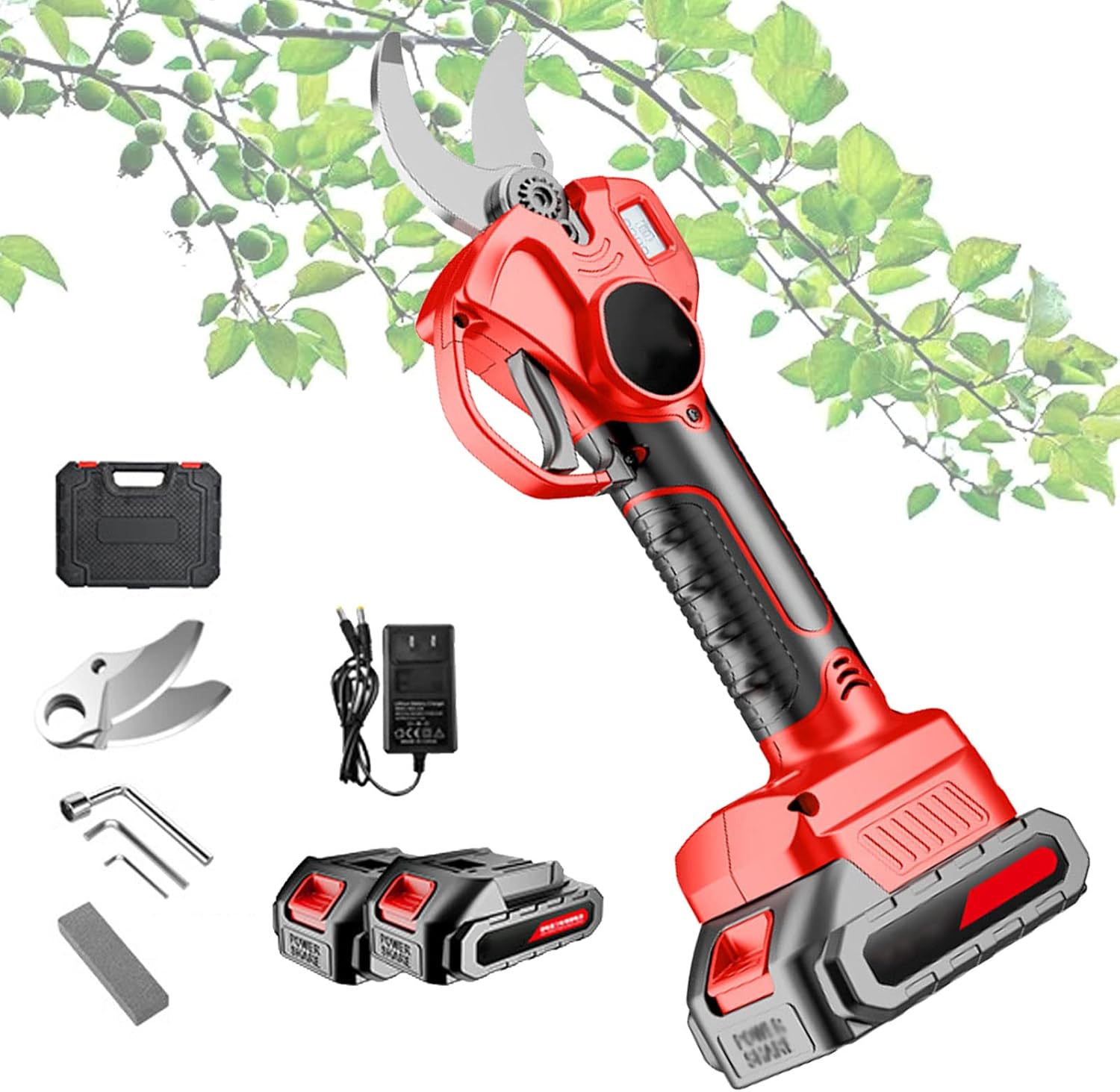 Cordless Electric Secateurs, Professional Pruning Shears Battery Powered 21V Brushless Motor 2pack 2Ah Rechargeable Lithium Battery - LCD Display Screen - 35mm Cutting Diameter - Red