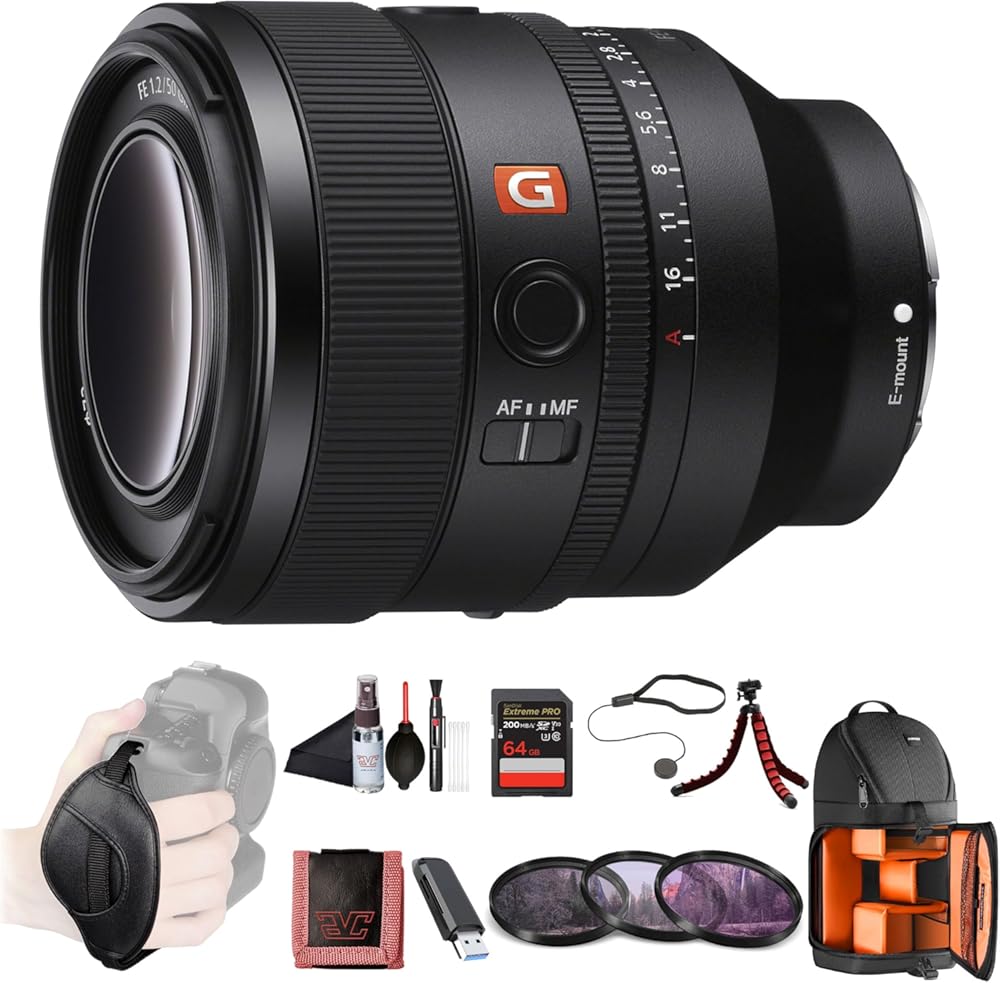 Sony FE 50mm F1.2 GM Standard Prime Lens (SEL50F12GM) – Full-Frame E-Mount | Ultra-Bright F1.2 Aperture | 64GB Memory Card, Filter Kit, Backpack, Flex Tripod, Cap Keeper, Cleaning Kit and More
