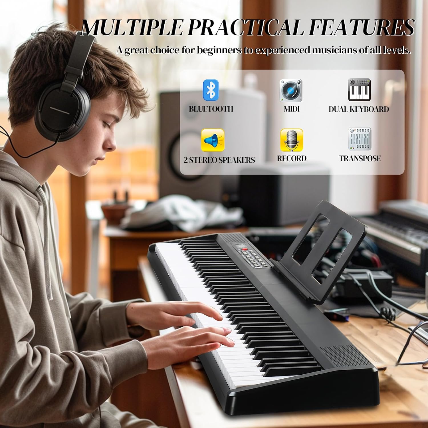 Ktaxon 88 Key Keyboard Piano Foldable Piano Keyboard with 1000 Rhythms, 1000 Tones and 50 Demos, Bluetooth Audio & MIDI, 3 Teaching & 2 Power Supply Modes, Full Equipment for Beginner (Compact-Black)