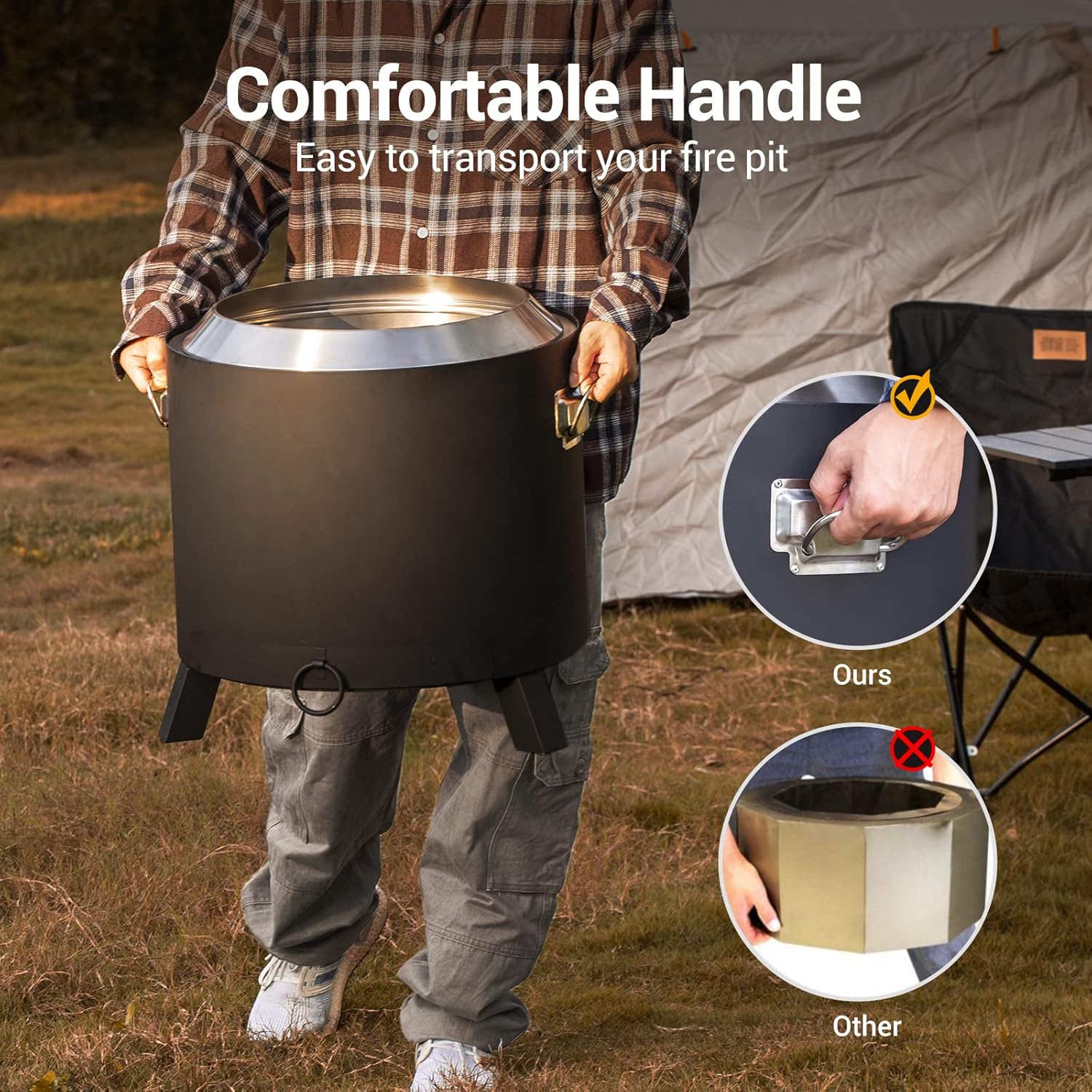 Rock&Rocker Smokeless Fire Pit, 304 Stainless Steel, 18.5 Inch Outdoor Bonfire Firepit, Fire Pits for Outside, with Removable Ash Pan, Portable Handle & Waterproof Cover, for Backyard Party, BBQ