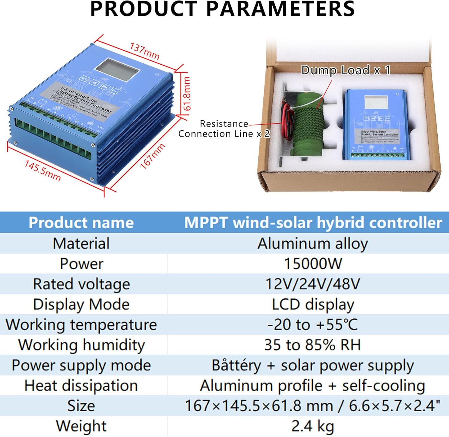 Off-Grid Hybrid Charge Controller 15000W,w/LCD Screen,12V 24V 48V MPPT Solar Wind Charging Controller,for Wind Solar Hybrid Energy Storage Power Station 12v/24V(Auto)