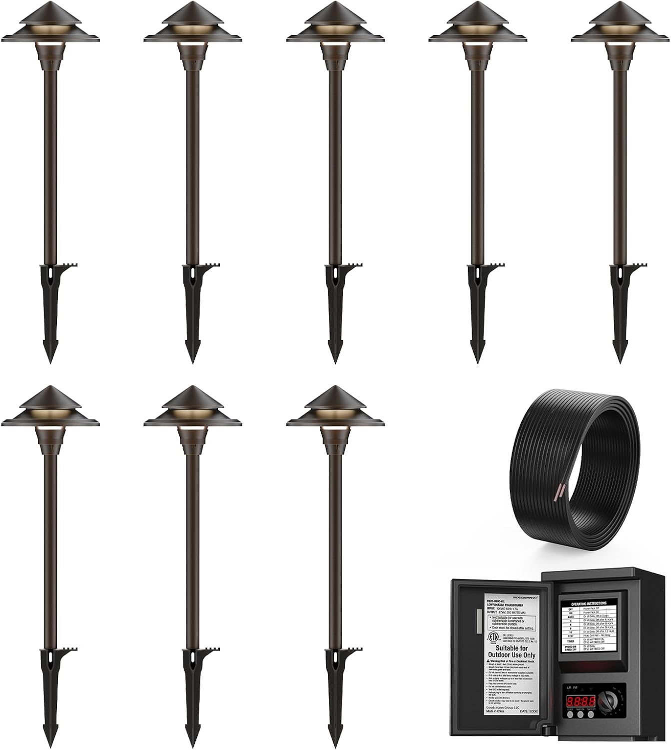 GOODSMANN 8PK Low Voltage Path Lights 4W LED 32 Lumen with 1PCS 120W Low Voltage Transformer 100FT 16AWG Landscape Lighting Wire