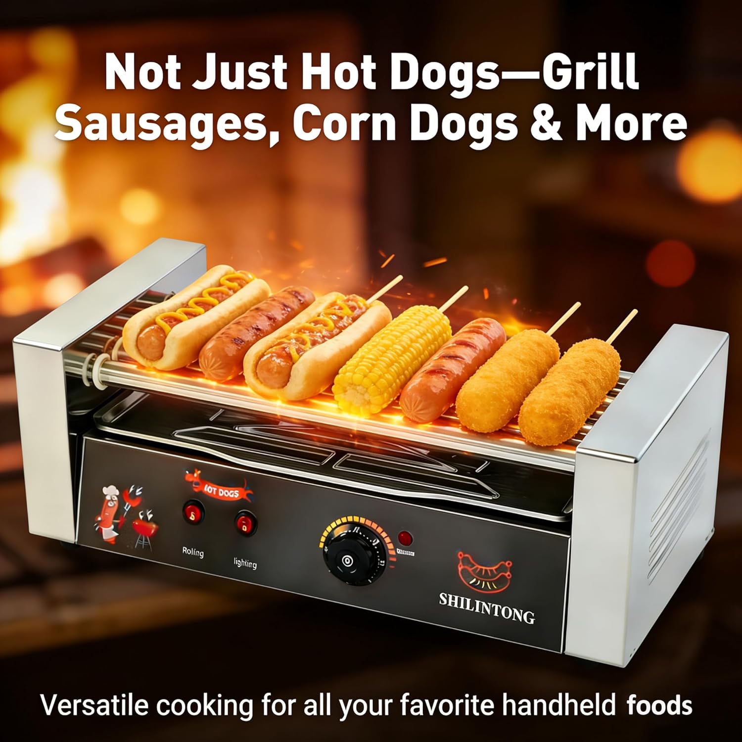 Commercial Hot Dog Roller Machine - 5 Roller Electric Grill with 16 Hot Dog Capacity, 750W Stainless Steel, Removable Drip Tray
