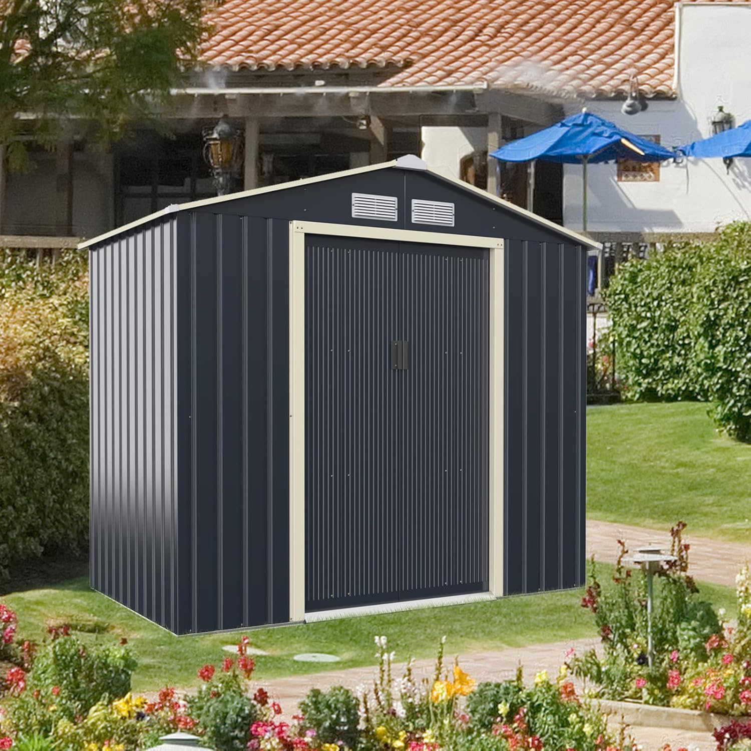 IRONMAX 7x4 FT Outdoor Storage Shed, Galvanized Steel Garden Shed w/Double Sliding Doors & Air Vent for Lawnmower Tool Bike, Heavy Duty Tool Storage House for Backyard Patio Lawn