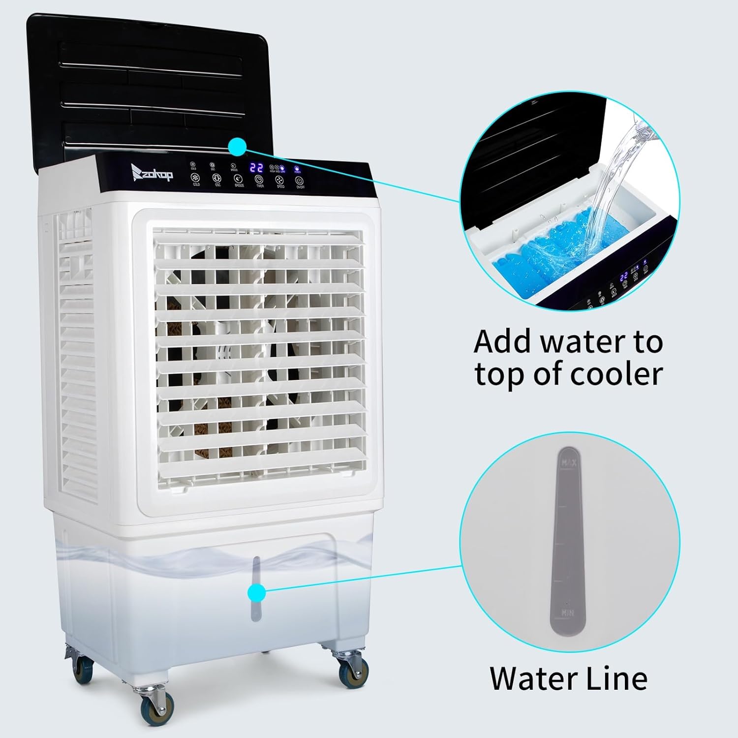 3 in 1 Portable Evaporative Cooler with 4 Ice Packs & 7.93 Gal Large Water Tank, 2353CFM Cooling Fan with Remote, 7.5H Timer, 3 Speeds, 90° Oscillation, Air Conditioner Portable for Indoor Outdoor