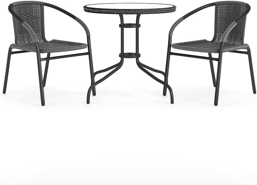Flash Furniture 3-Piece Patio Dining Set with Round Glass Metal Table and 2 Stackable Rattan Chairs, Indoor/Outdoor Bistro Table and Chairs Set, Gray