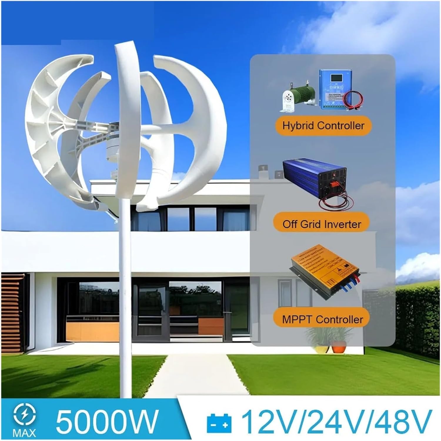 5000W 12V 24V 48V Wind Turbine Generator 5KW Vertical Axis Windmill with Hybrid Charge Controller for Home Use Low Starting Speed for Home(Red,Wind Turbine ONLY_48V)