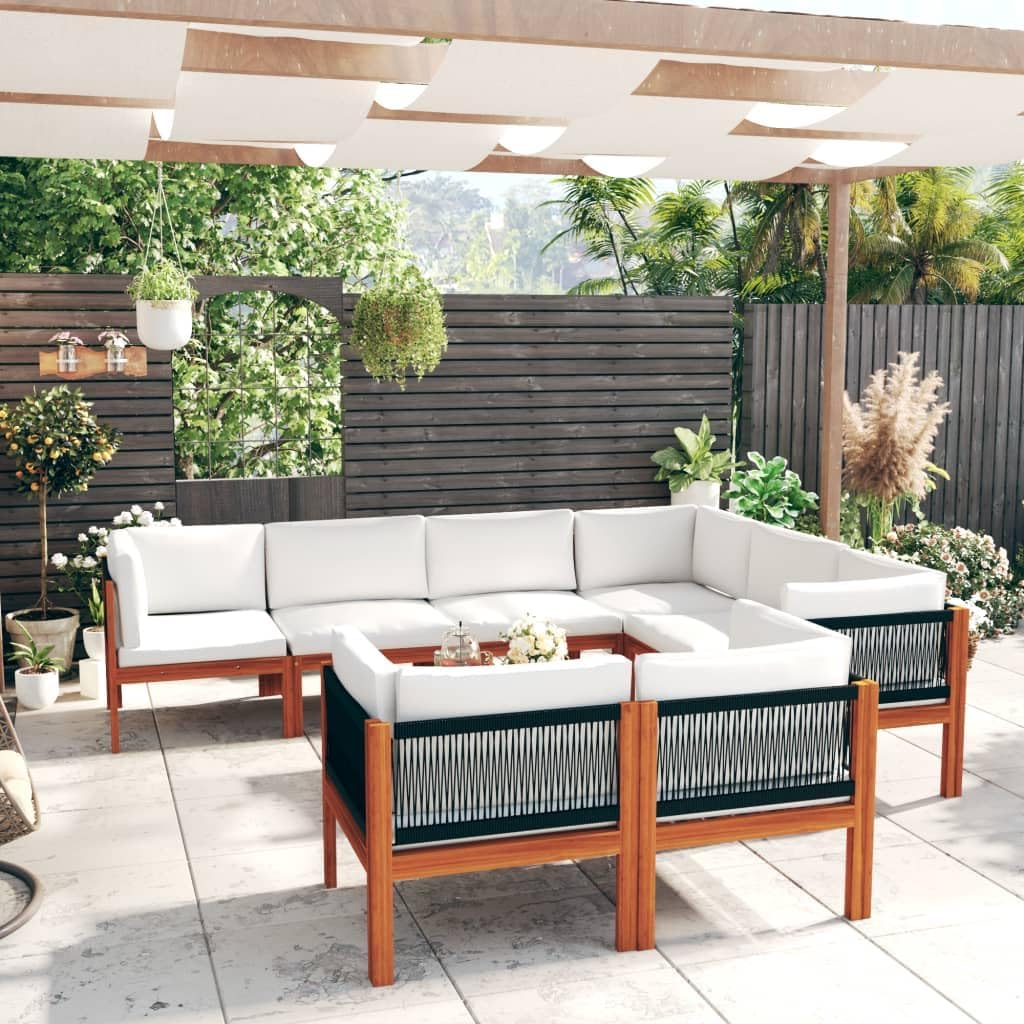 10 Piece Patio Lounge Set with Cushions Cream Solid Acacia Wood Garden Furniture