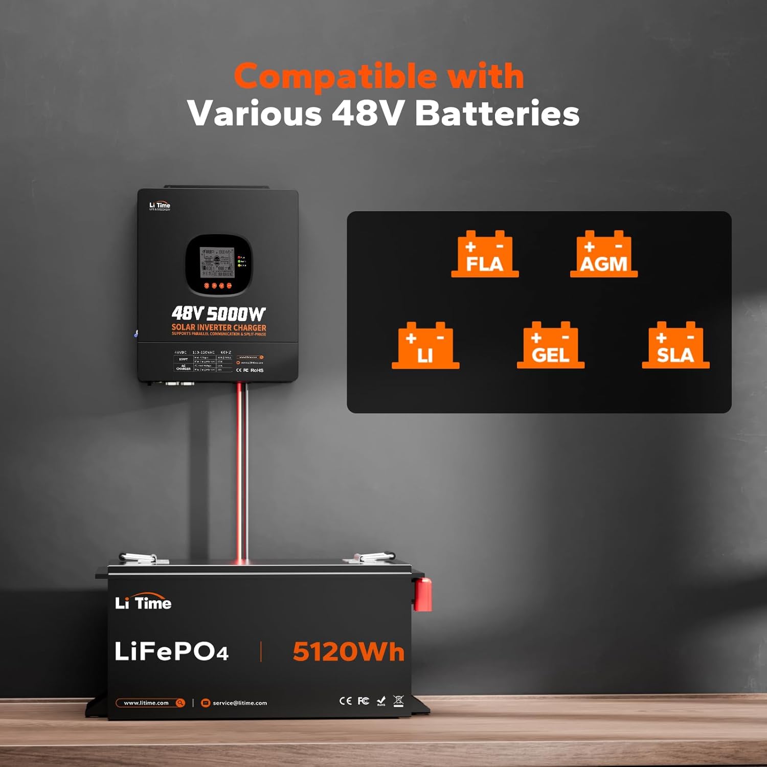 LiTime 5000W Pure Sine Wave Inverter, 48V DC to 120V AC Solar Hybrid Inverter Charger, Parallel Split-Phase for 240V, Build in 100A MPPT Solar Charger Controller for Home Backup, Off-Grid, Farm