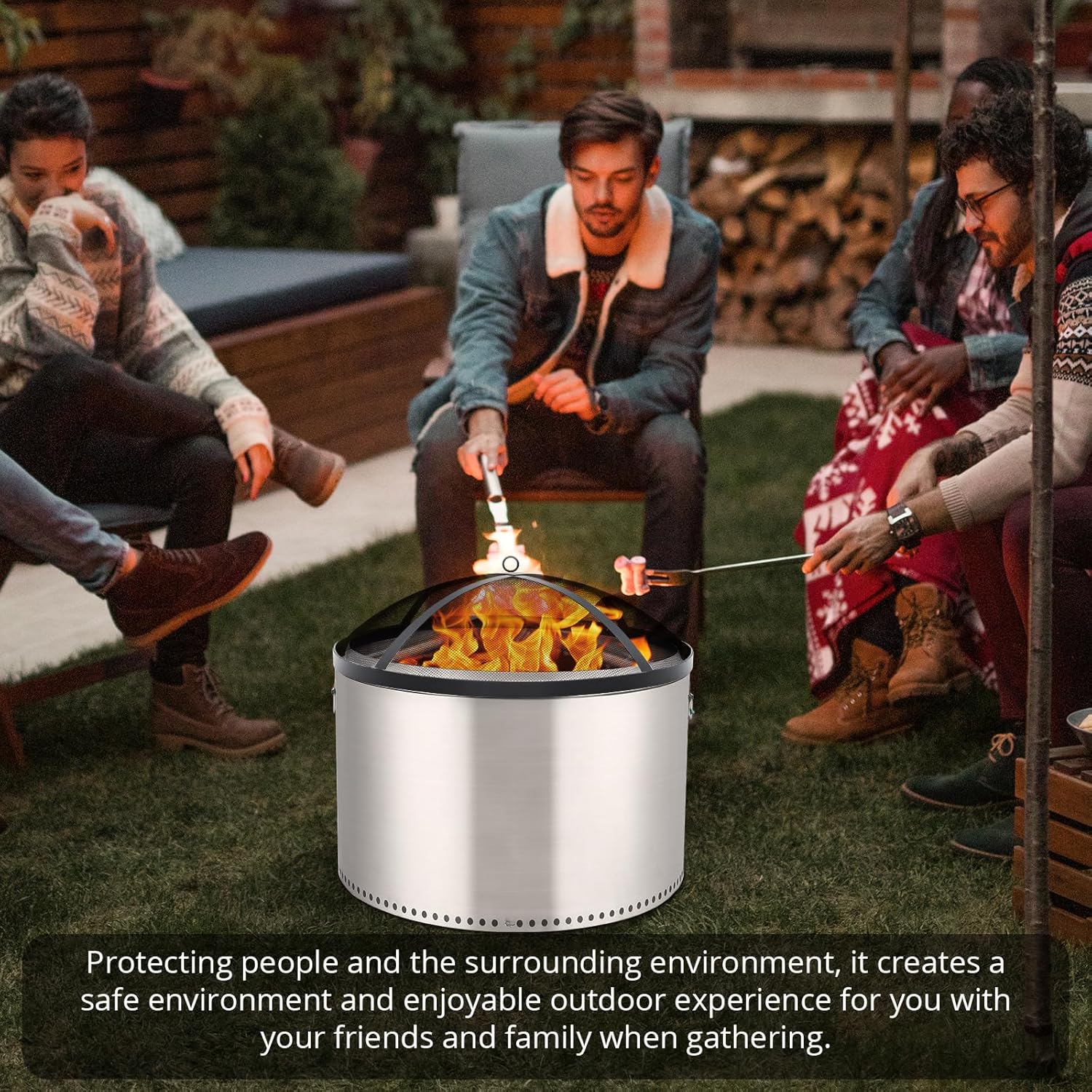 GarveeLife Fire Pit Spark Screen Cover for Campfires - Easy Lift Stainless Steel, Mesh Protector, Guide Rod Included, Outdoor Patio & Backyard Accessory, Black，30 * 30 * 8.6 in