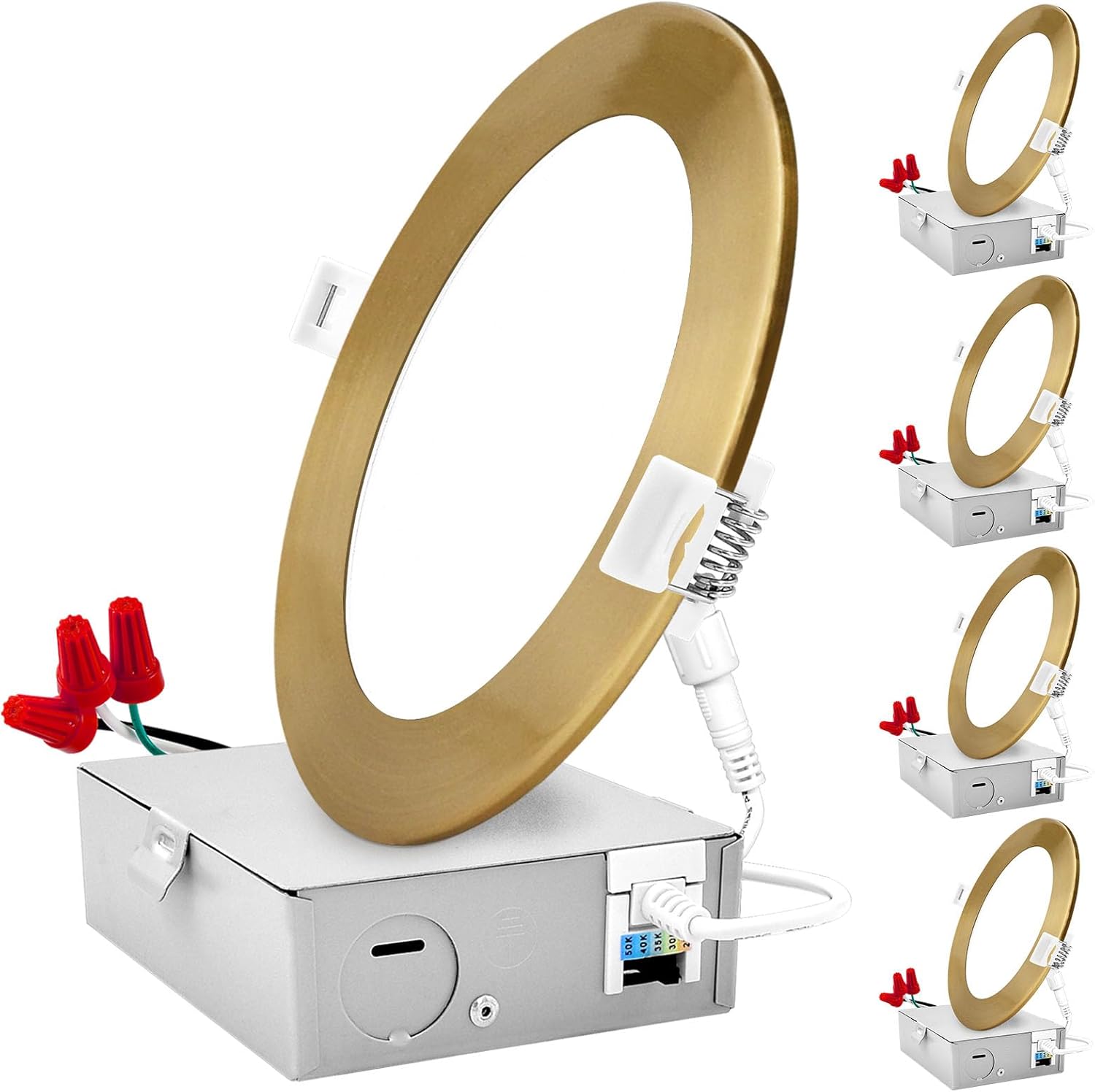 LUXRITE 6 Inch Ultra Thin LED Recessed Light with J-Box, 12W, 5 Color Options 2700K | 3000K | 3500K | 4000K | 5000K, Dimmable Wafer Light, 1000 Lumens, Brass Trim, Energy Star, IC Rated (4 Pack)