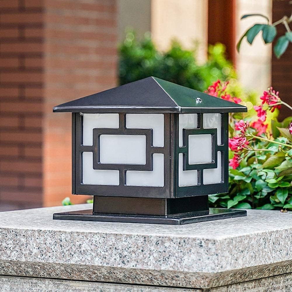 Modern Outdoor Post Light | Black Square Pillar Lantern with Geometric Design | Waterproof IP65 Die-Cast Aluminum Column Lamp E27 Socket | for Deck Fence Gate Patio Yard Garden Decor