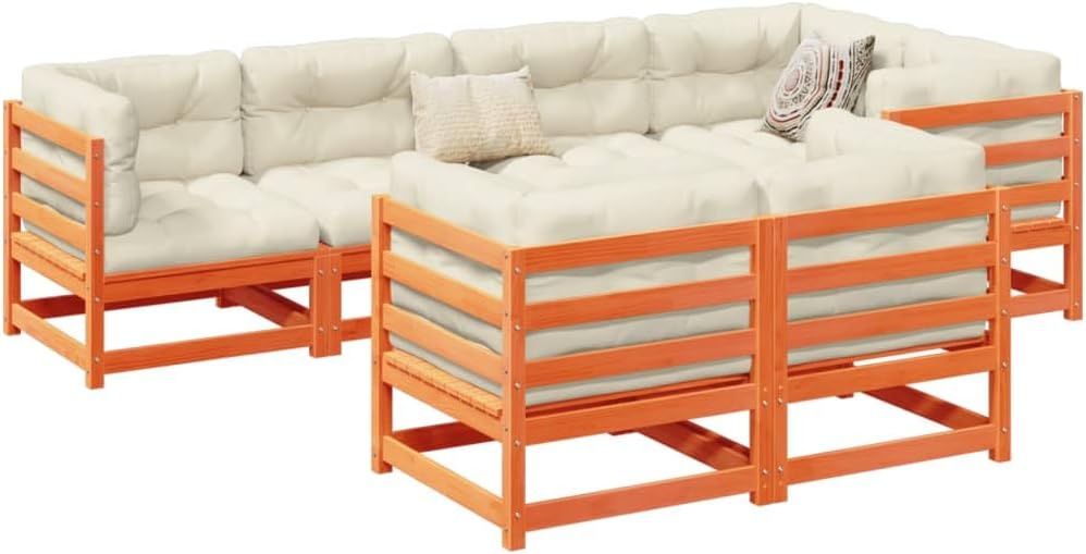 Garden Sofa Set, Wax Brown Solid Pine Wood, Large Modular 7-Piece Outdoor Patio Furniture Set, Weather-Resistant Cushions for Balcony & Terrace
