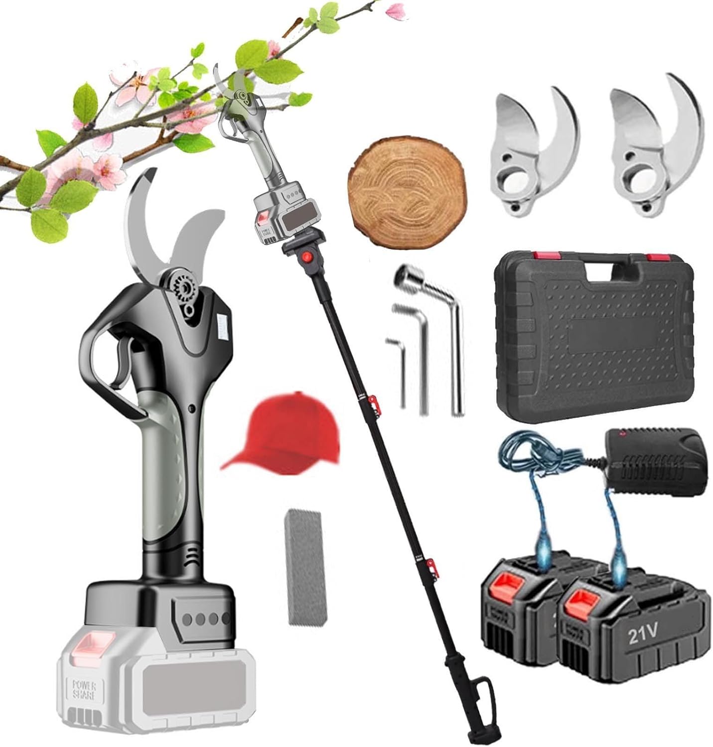Electric Pruning Shears 980w, 2-in-1 Cordless Tree Pruner | 3-Inch Cutting Capacity, 2m Extendable Pole, Digital Display,Dual Batteries & Blade for Ranch, Orchard,and Garden,Grey