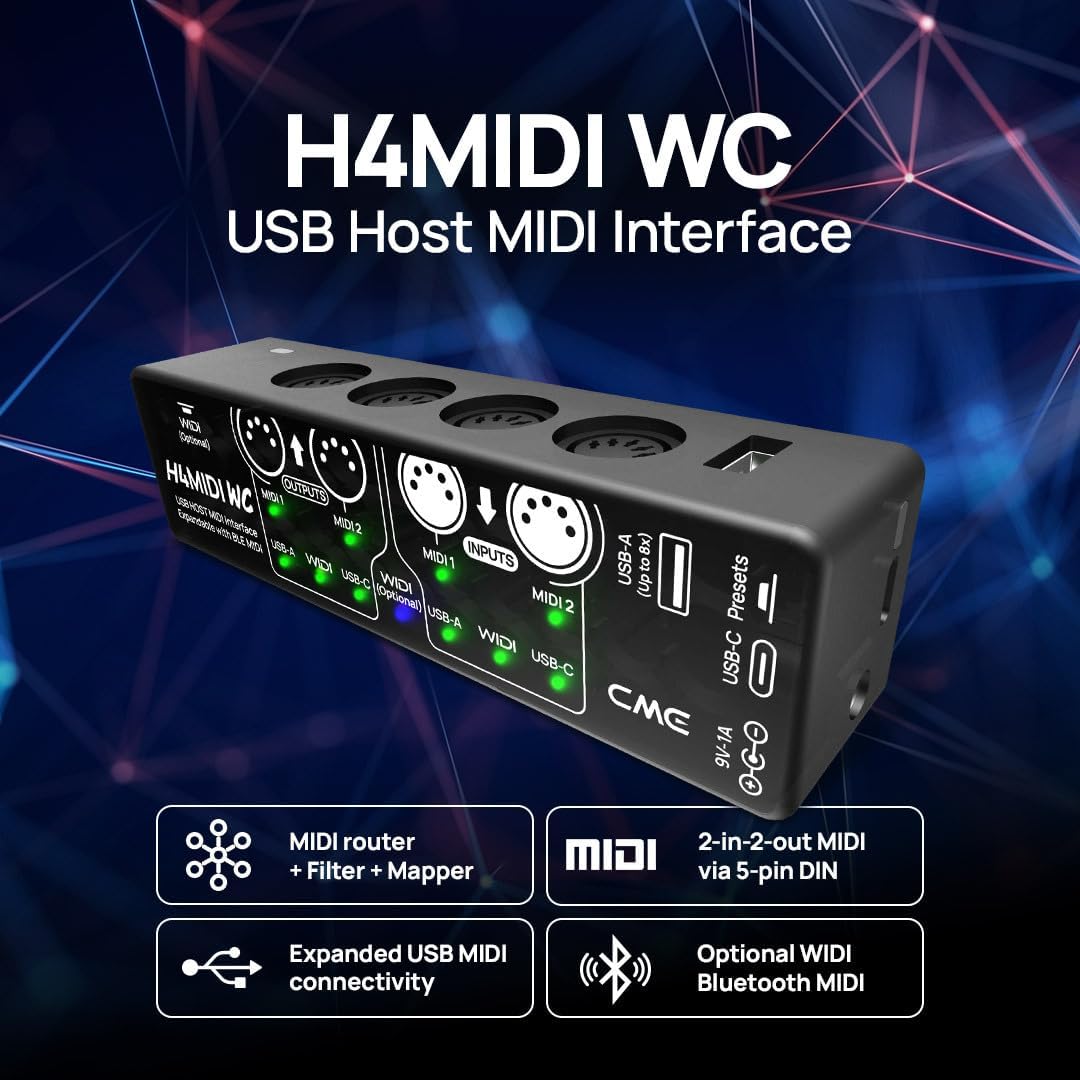 CME H4MIDI WC – Advanced USB Host MIDI Interface with Router, Filter, Mapper, Optional WIDI Bluetooth MIDI, Standalone 9V Power mode - Perfect for Guitarists and Producers
