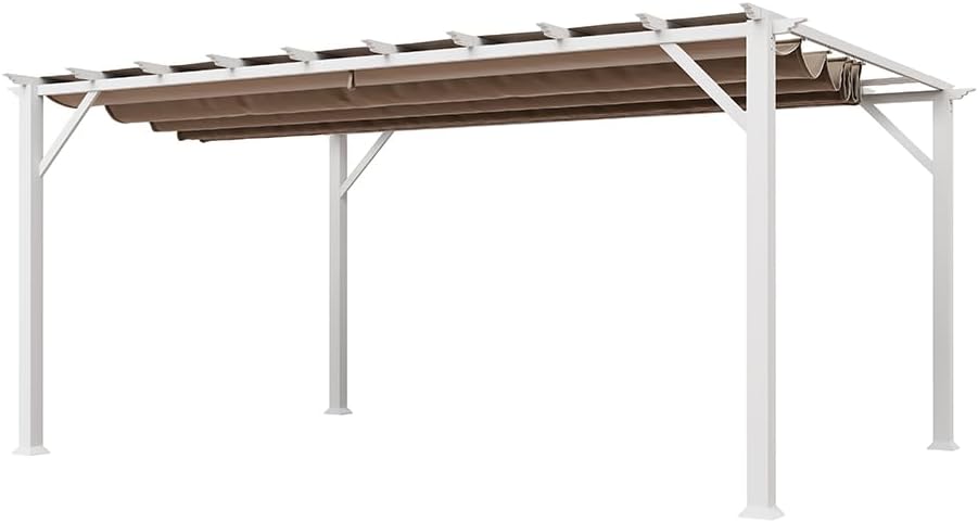 Paragon Outdoor 11’ x 16’ Florence Alumnum Pergola, Powder-Coated Aluminum Frame in White Finish with Soft Top Retractable Canopy in Cocoa for Backyard, Patio, Porch, Garden