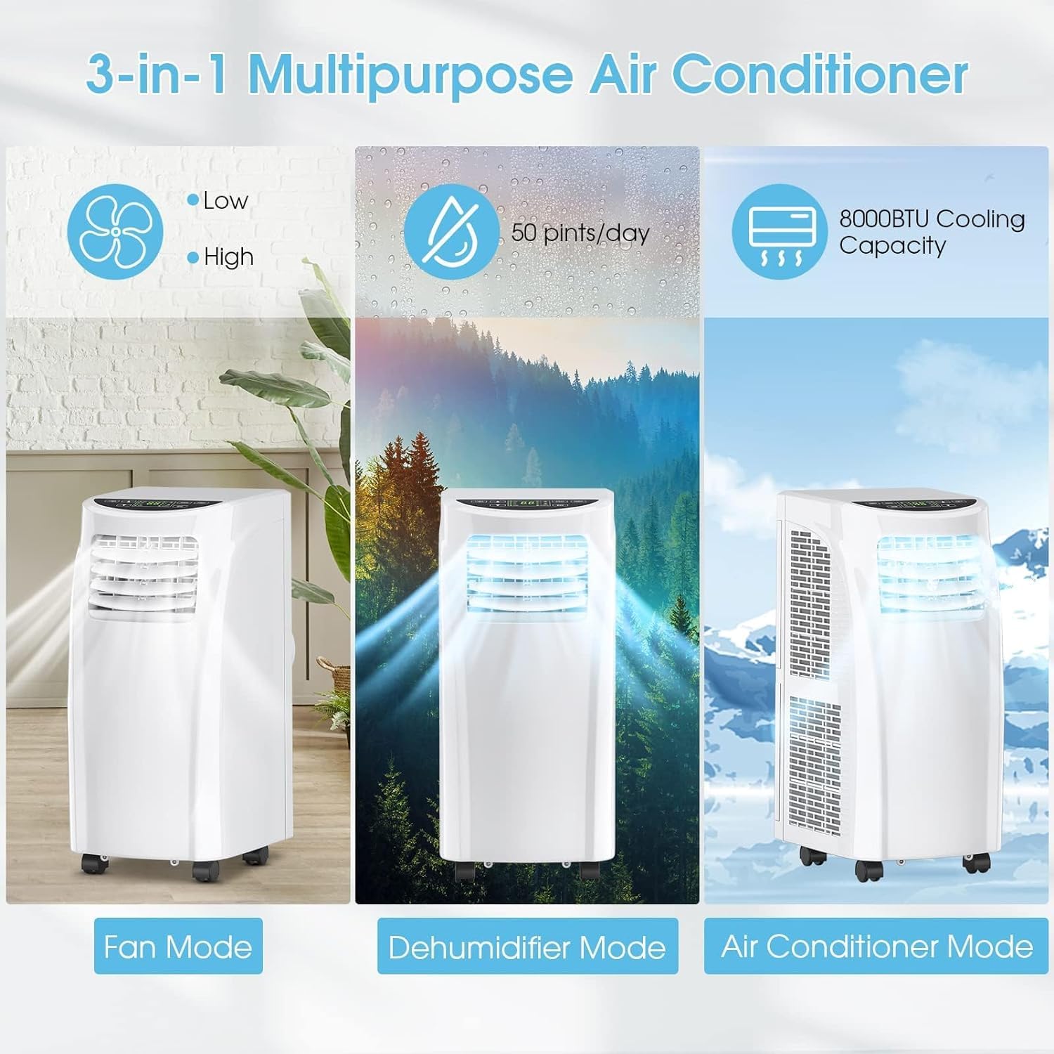 S AFSTAR Portable Air Conditioner 8000 BTU, 3-in-1 Air Cooler with Remote Control, LED Display & Wheels for Home