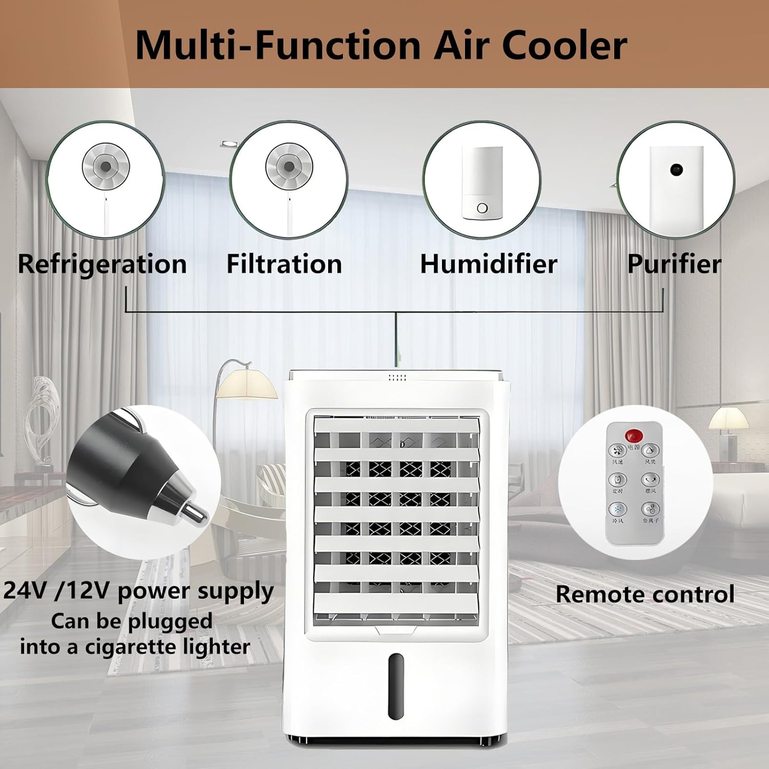 Portable Air Conditioners 4-in-1 Portable Air Cooler Fan Mini Evaporative AC Unit with 3-Speed and 4 Ice Packs Remote Control Touch Screen for Camping Office Bedroom Car 12VCar