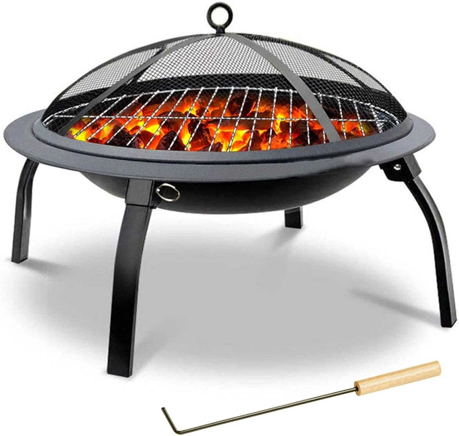 Folding Cast Iron Fire Bowl Grill Firepit Brazier Garden Log Burner Heater Camping Picnic with Mesh Cover Round Fire Bowl