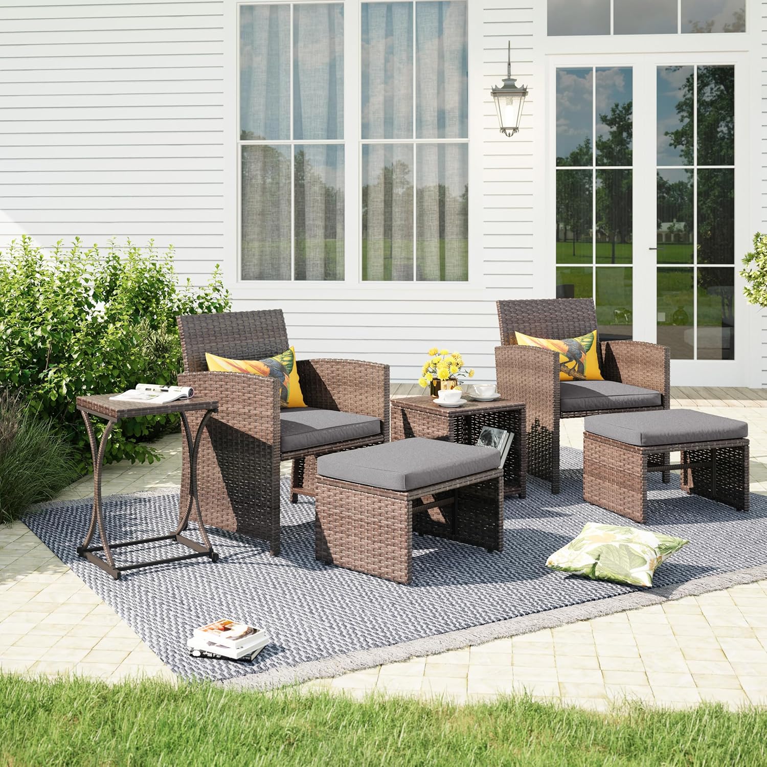 OC Orange-Casual 6 Piece Patio Wicker Furniture Set, Balcony All Weather Rattan Chair, with Space Saving Ottoman, Resin Nesting Coffee Table, Modern Design, Dark Grey