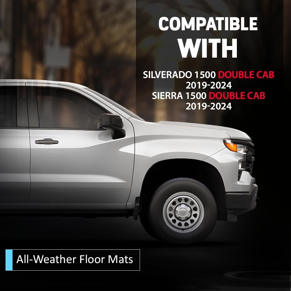 TPE Floor Mats Fit Chevy Silverado/GMC Sierra 1500 Double Cab 2019-2024 1st and 2nd Row Truck Accessories Cargo Liners All Weather Protection 2PCS