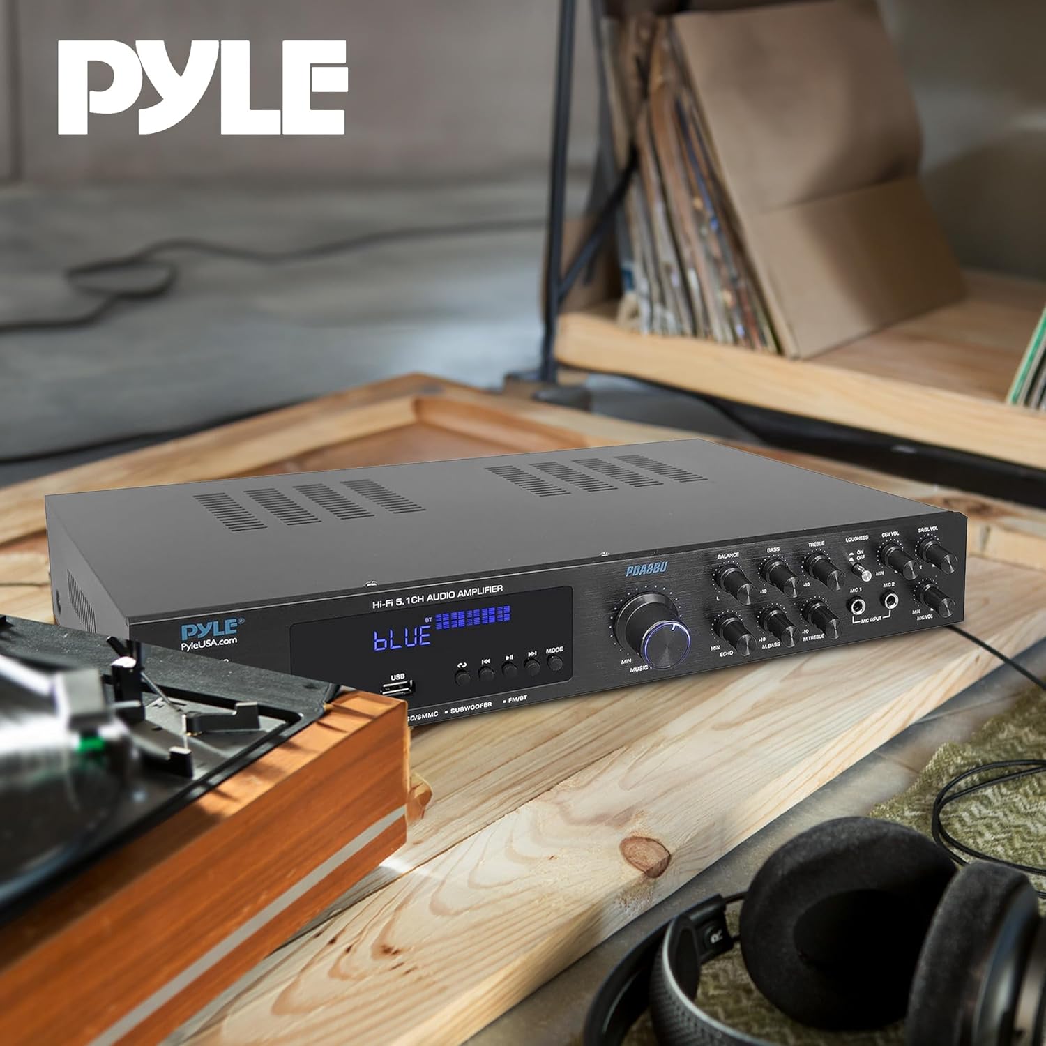 Pyle Bluetooth Audio Amplifier - Home Stereo Receiver with 5 Channels and Subwoofer Out - MP3/USB/SD - AUX - FM Radio - 2 Mic Inputs w/ Echo - VFD Display - Remote Control - PDA8BU