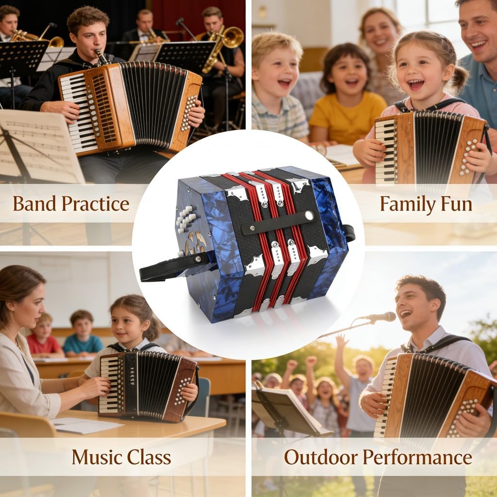 Concertina Accordion, Portable Professional Musical Instrument, Solid Wood Leather Celluloid, 18 x 17 x 17cm, 3 Colors - Adjustable Hand Strap, Beginner Friendly, Ideal for Adult (Jewel Blue)
