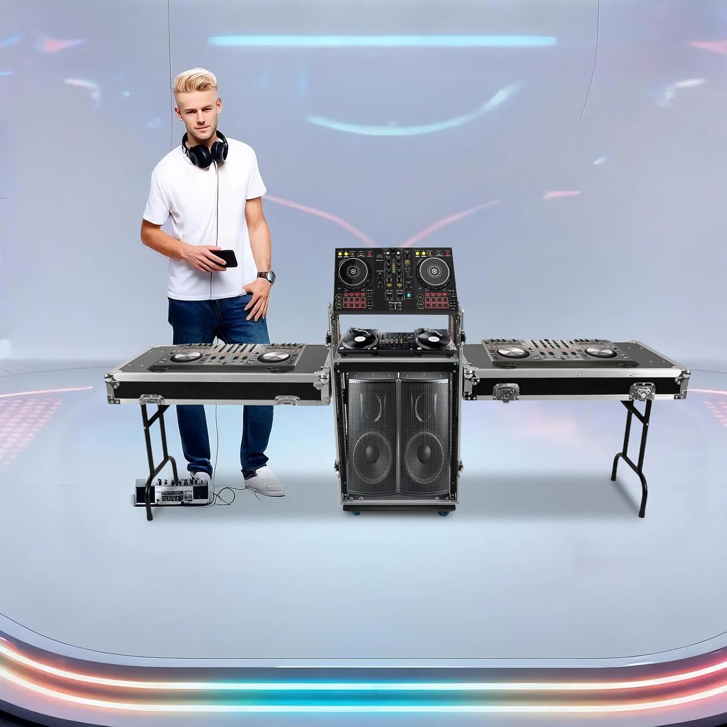 14U PA DJ Rack Case with 4 Wheels, Network and Stereo Rack, Heavy-Duty Double-Layer Studio Equipment Cabinet, Amplifier Mixer Storage Rack for Live Sound, KTV, and Home Theater