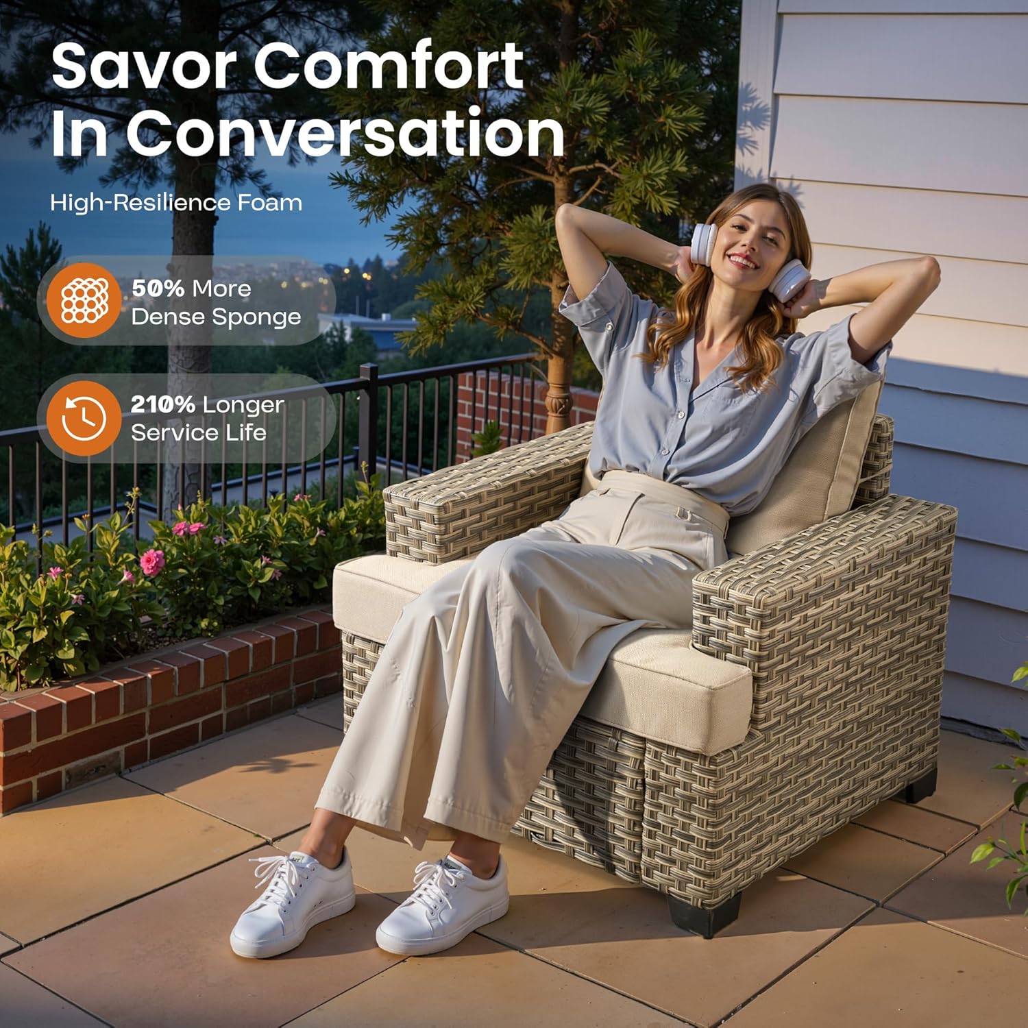 ovios 10 Piece Patio Sectional Furniture with 42in Fire Pit Table, Rattan Wicker Coversation Setwith Single Chairs, Outdoor Sofa Set for Outside Porch Balcony Backyard Pool, Beige