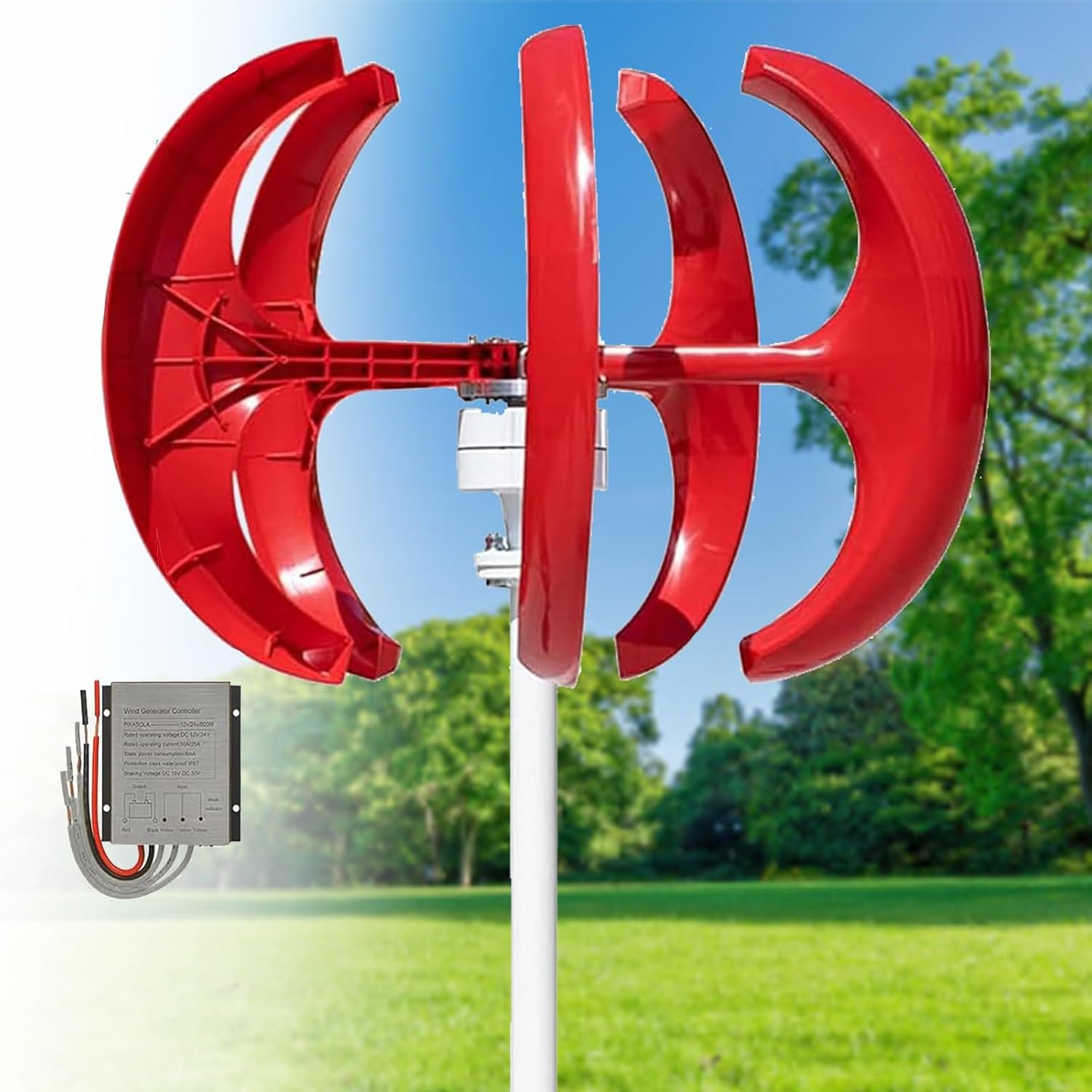 16000W Vertical Wind Turbine Generator Kit, 12V/24V/48V 5-Blade Power System for Home, Boat, Marine, Street Lighting & Monitoring (Red, 48V) - Efficient Renewable Energy Solution