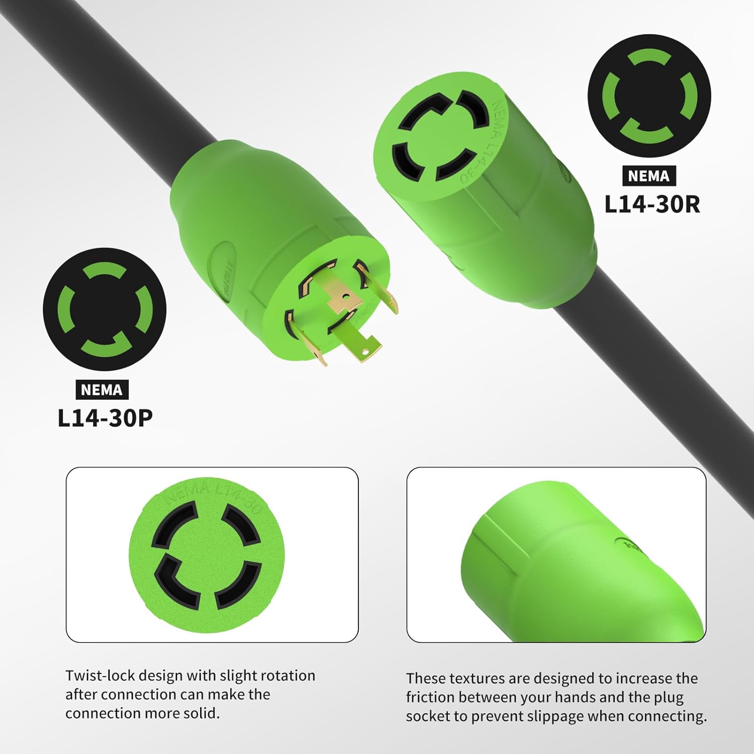 50FT 30 Amp Generator Extension Cord, NEMA L14-30P/L14-30R 10 Gauge Twist Lock Cord 4 Prong, STW Heavy-Duty Waterproof Generator Cord Black