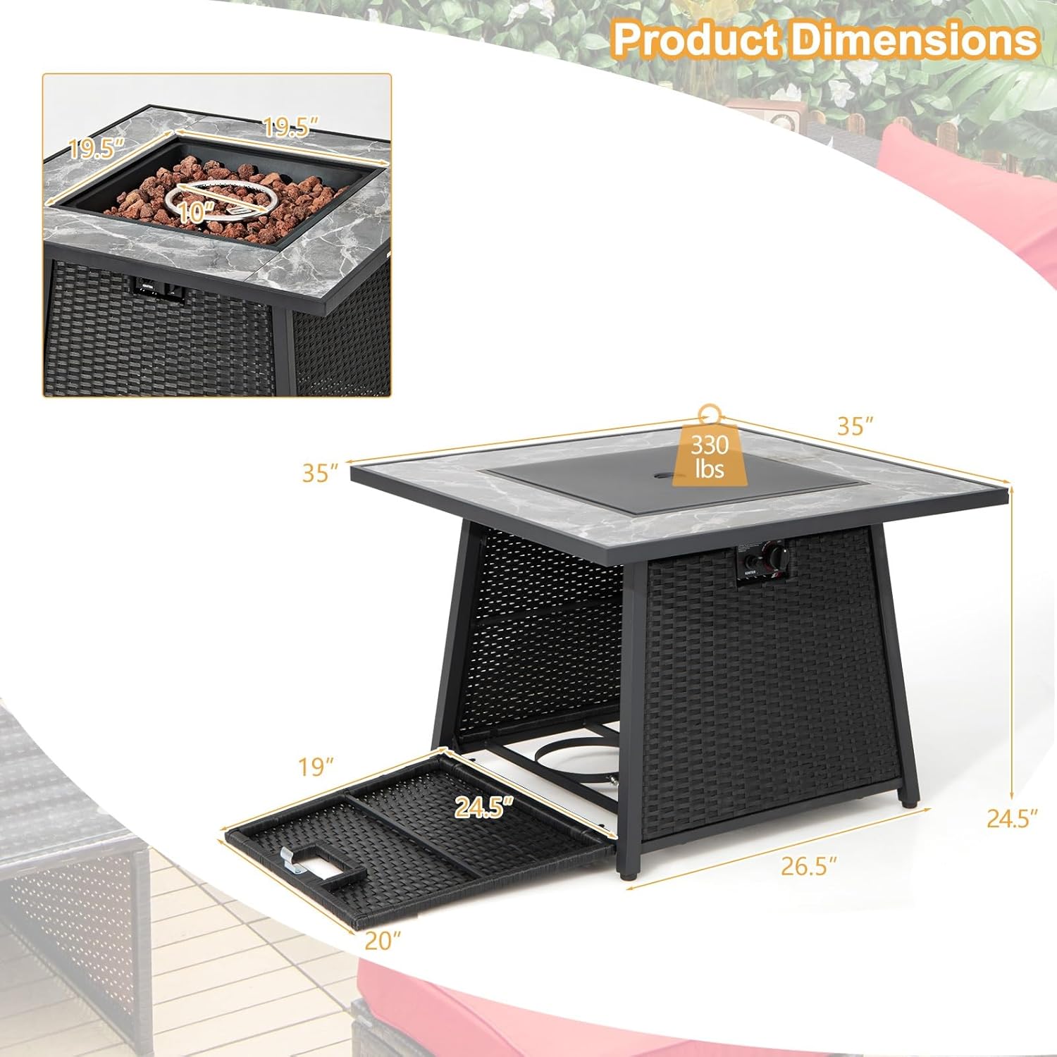 Tangkula 35 Inch Rattan Propane Gas Fire Pit Table, Patiojoy 50,000 BTU Outdoor Wicker Patio Propane Fire Pit w/Lid, Lava Rocks and PVC Cover, Auto-Ignition Square Firepit Table with Marble Tabletop