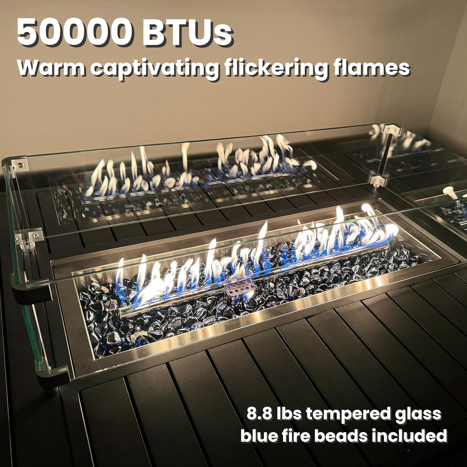 Rectangle Propane Fire Pit Table: 43'' Aluminum Patio Gas Fire Table - 50000 BTU Rustproof Tabletop Firepit Wind Guard Glass Beads - Outdoor Heating Porch Deck Gazebo Backyard Garden - Dark Gray