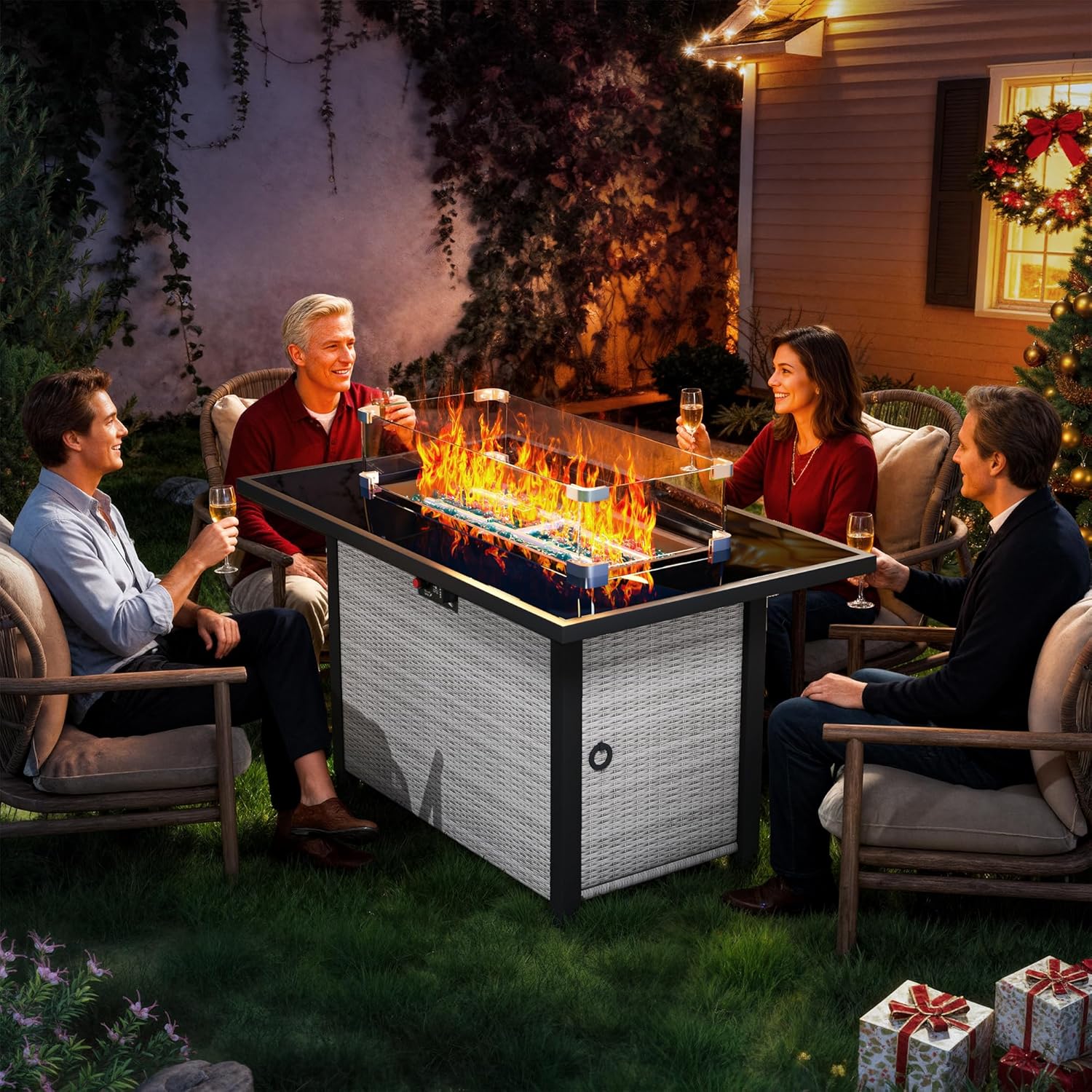 43-Inch Propane Fire Pit Table, Rattan Rectangular Outdoor Gas Fire Pit with Glass Wind Guard, Tempered Glass Tabletop & Lid, CSA Listed, 60,000 BTU, 304 Stainless Steel H-Burner, for Outside Patio