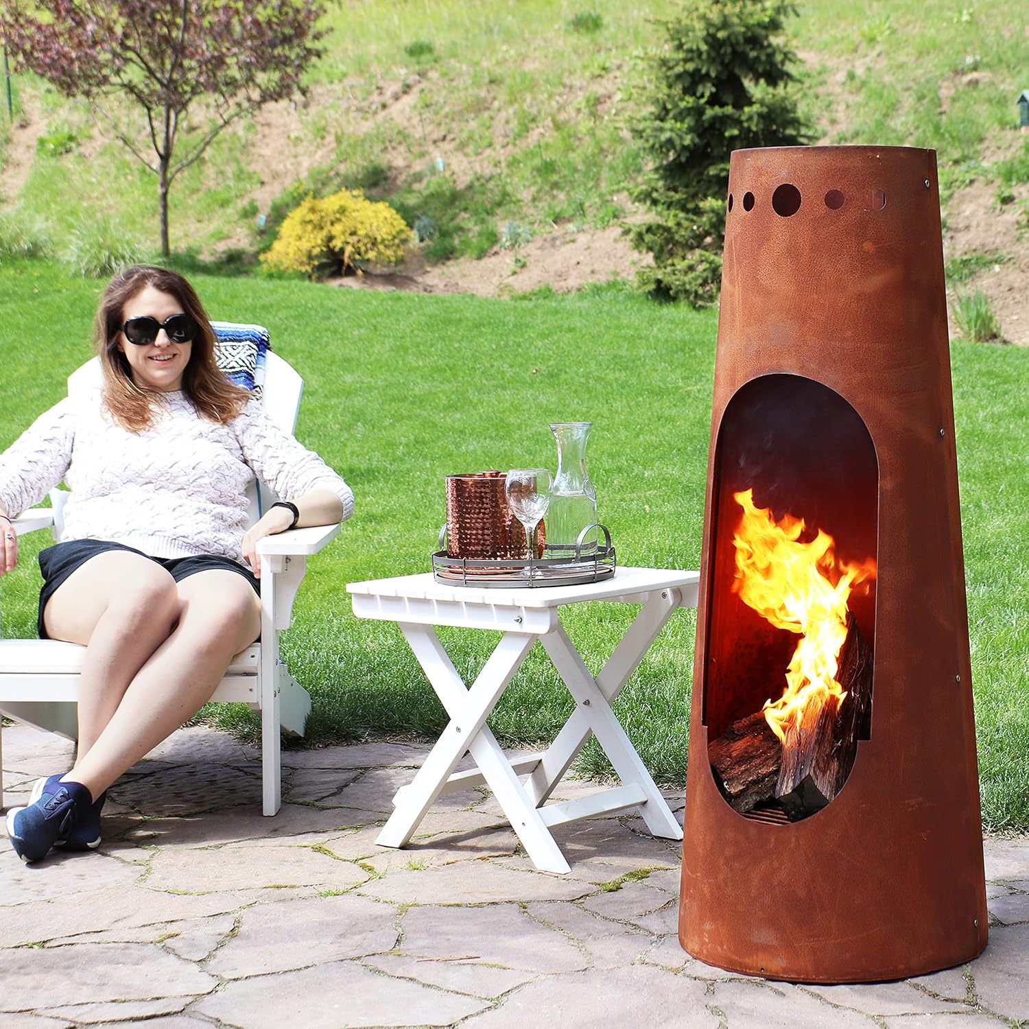 Sunnydaze Santa Fe 50-Inch Rustic Outdoor Wood-Burning Chiminea Fire Pit with Rust Patina Finish - Chiminea Outdoor Fireplace with Wood Grate