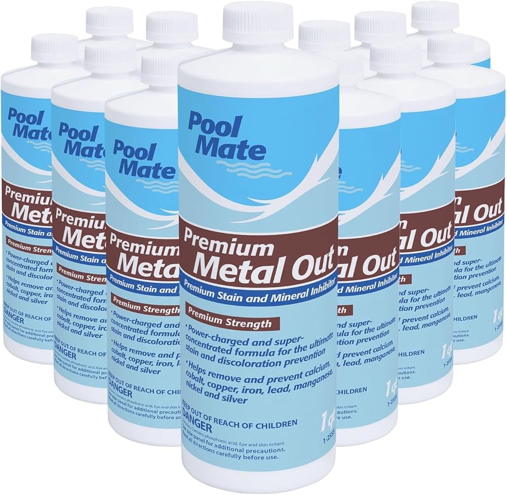 Pool Mate 1-Quart 12-Pack Premium Metal Out Stain and Mineral Inhibitor, Pool Metal Remover, Stain Remover, Made in USA