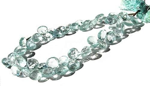 lustrous aquamarine faceted heart shaped briolette size 5-7.5mm 3.5 inches strand. long per half strand