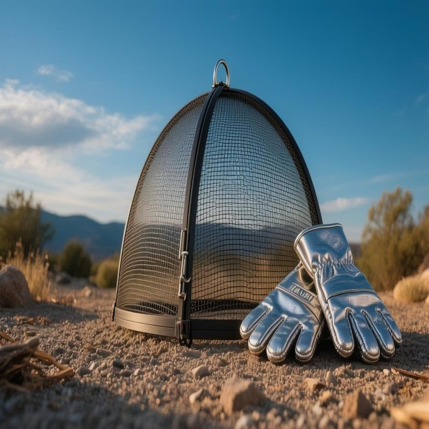 Fire Pit Cover, Outdoor Round Fire Pit Screen with Foldable Hook and Fire Safety Gloves, Heavy Duty Steel Mesh Fire Pit Cover, Fire Pit Lid for Backyard, Beach, RV Camping