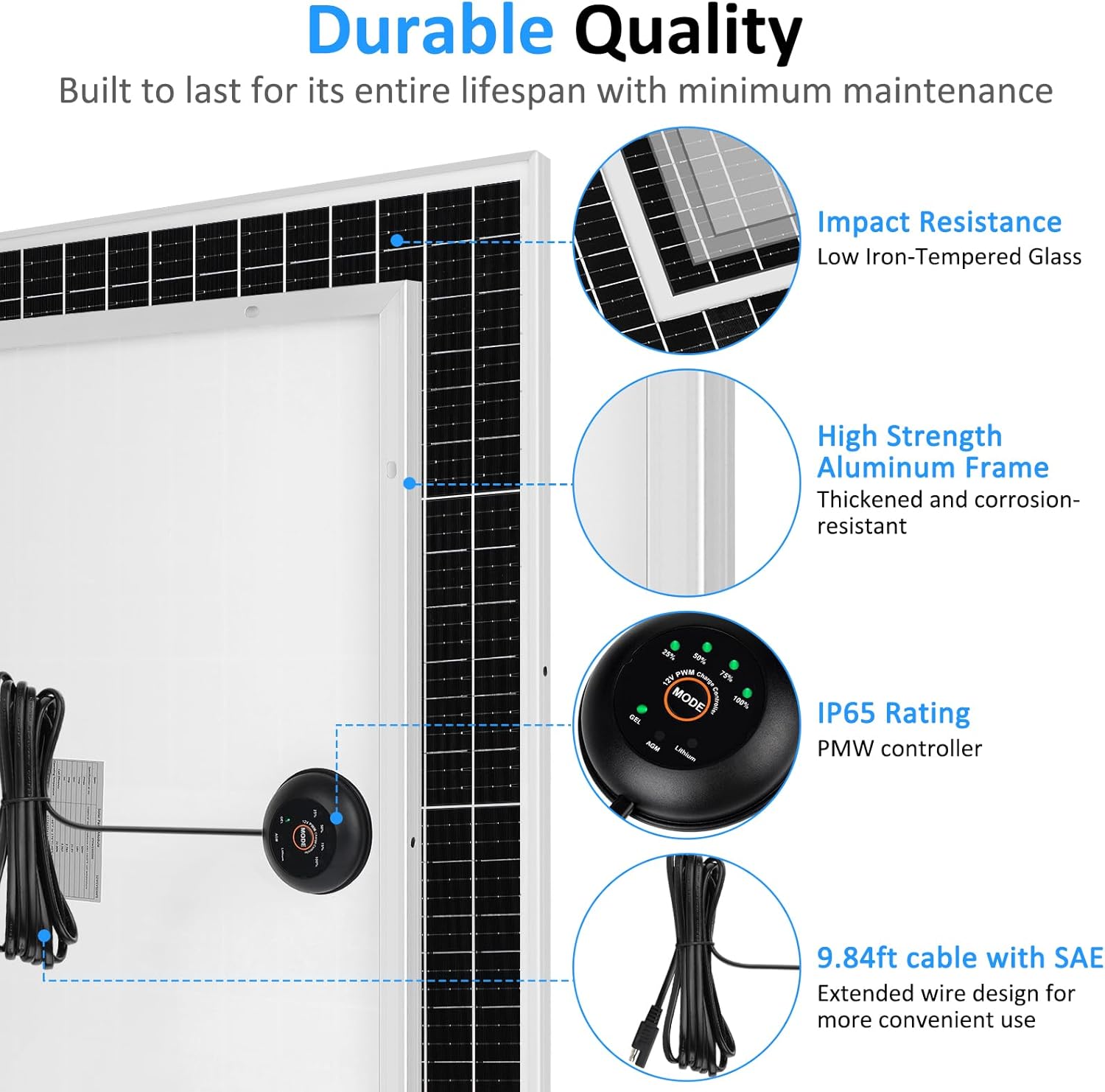 50 Watt Solar Panel Kit 12 Volt Monocrystalline Solar Panel PV Module Power Charger with SAE Connection Cable for RV Marine Rooftop Farm and Other Off-Grid Applications