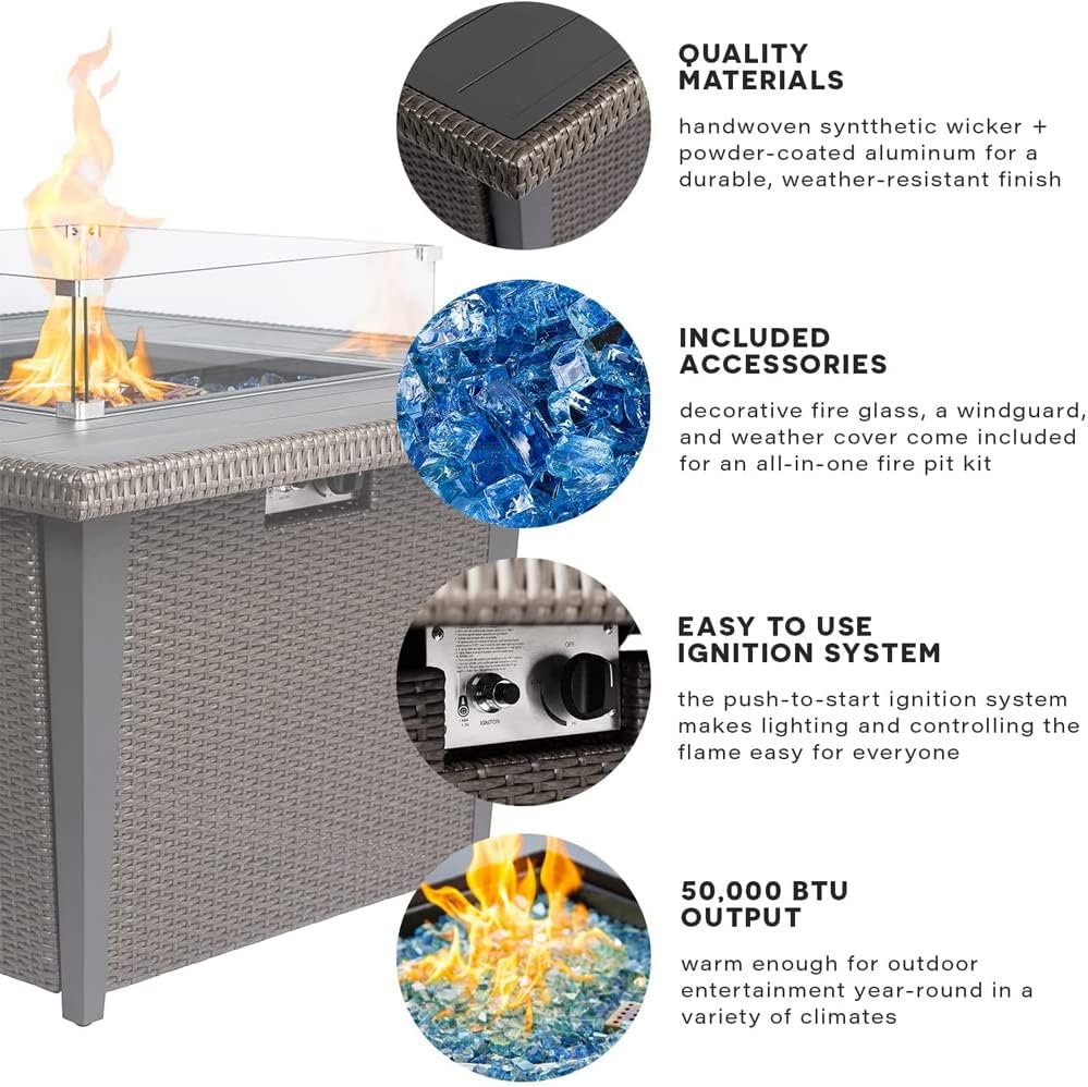 42 Inch Fire Pit Table, 50,000 BTU Outdoor Square Gas Fire Pit Table for Patio Garden Backyard,CSA Certification, with Lid, Glass Wind Guard, Waterproof Cover (Brown)