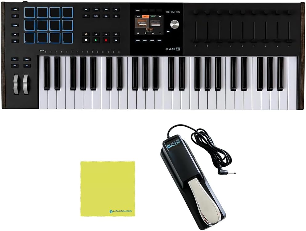 Arturia KeyLab 49 Mk3 Black Bundle with Sustain Pedal & Polishing Cloth – 49-Key USB MIDI Controller, DAW Integration, Faders, Encoders, Pads & Analog Lab Pro Software for Music Production