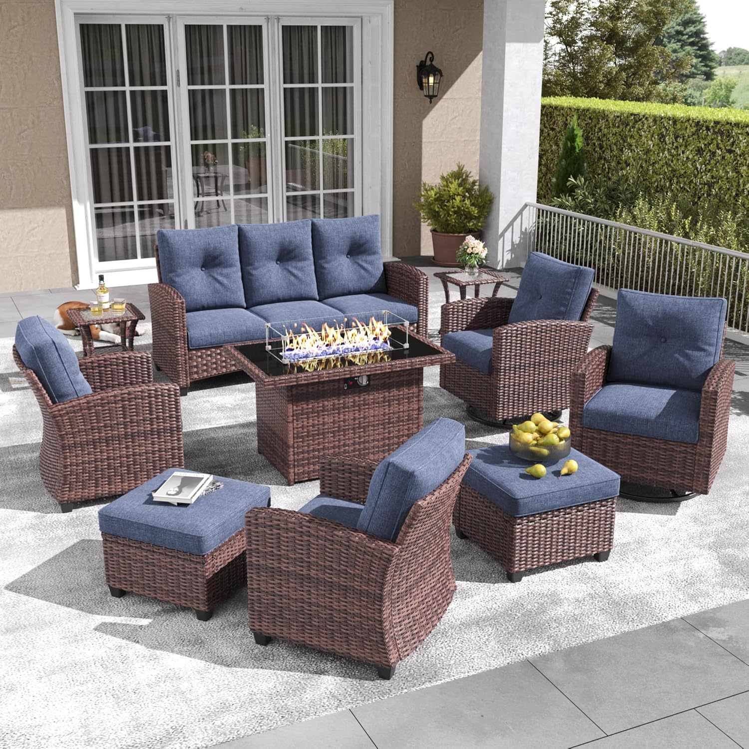LayinSun 10 Pieces Patio Furniture Set with Swivel Chairs, Rattan Wicker Rocking Glide Chairs with 44