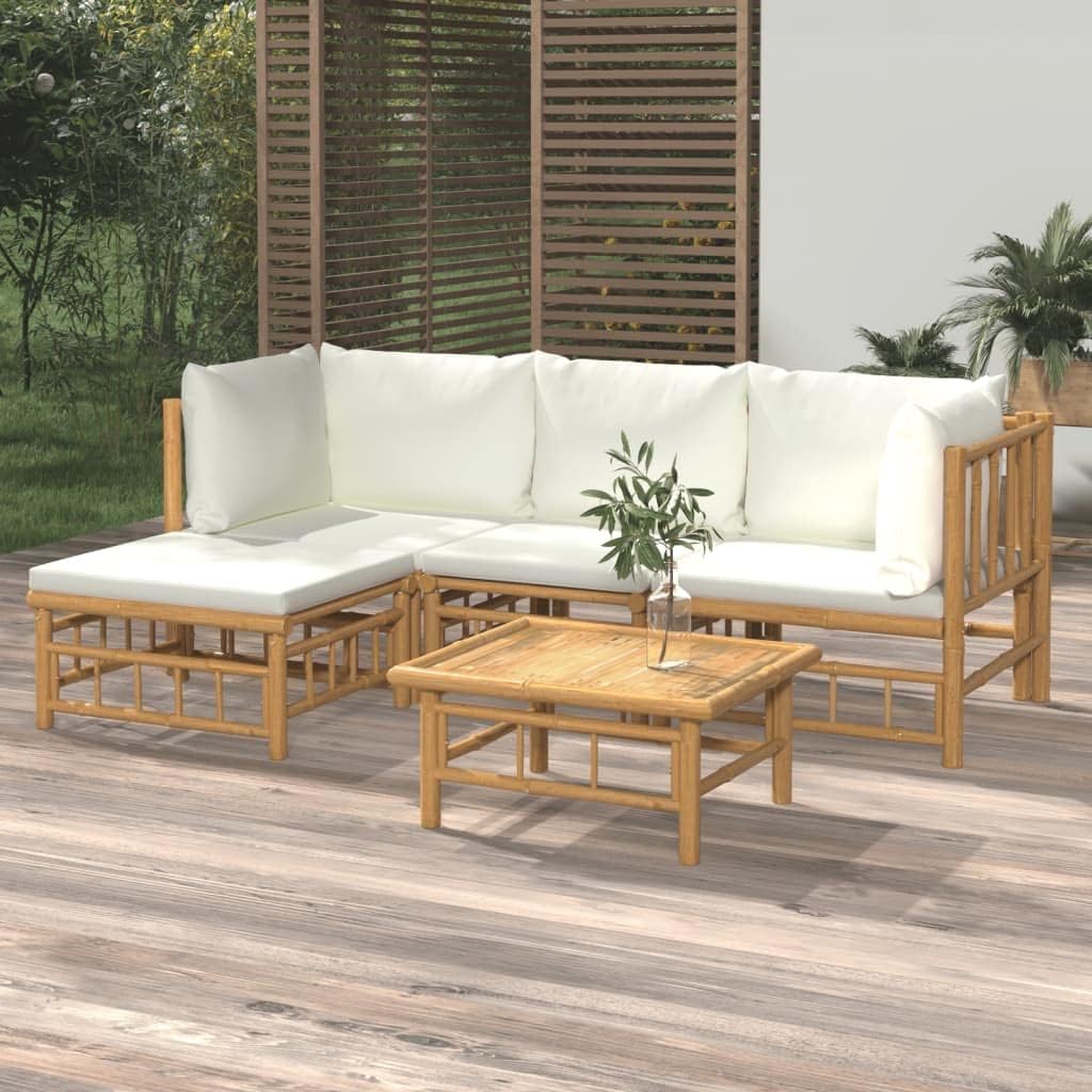 5 Piece Patio Lounge Set with Cream White Cushions Bamboo,Bamboo Patio Lounge Set: The Outdoor Gathering Spot Patio Furniture Sets, Outdoor Furniture Sets