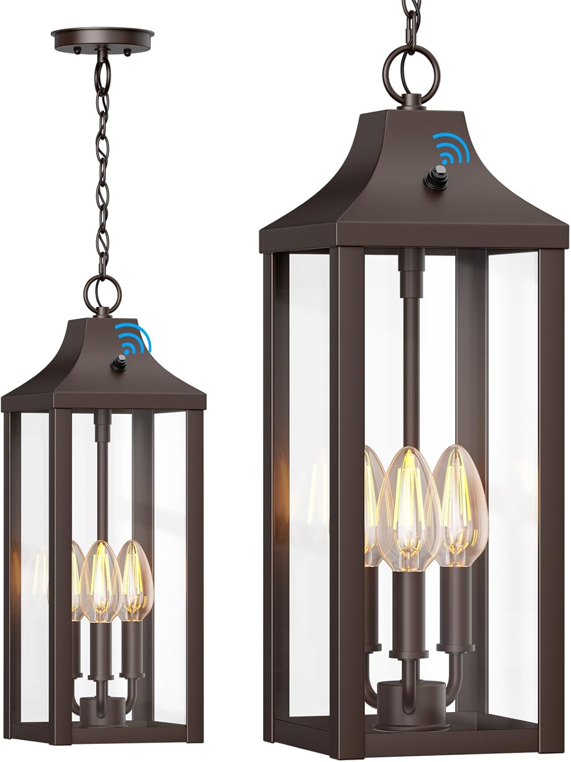 20Inch Outdoor Pendant Light Fixture Large Dusk to Dawn Exterior Hanging Lantern, Modern Brown Metal Outside Chandelier Exterior Hanging Fixture Farmhouse Exterior Chandelier for Porch, Patio