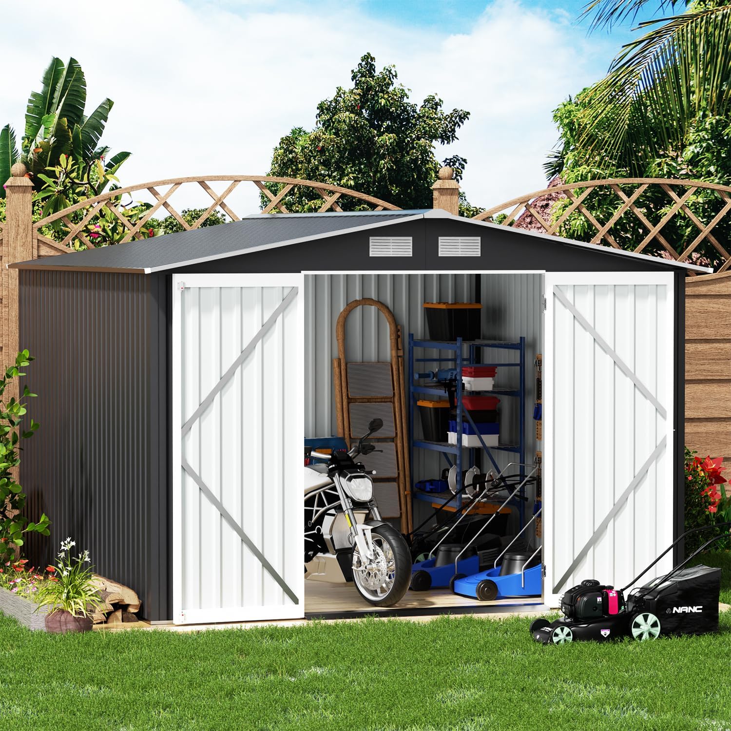 10' x 10' Outdoor Storage Shed, Metal Shed with Lockable Doors, Shed House for Backyard Patio Lawn to Store Utility and Tools, Grey